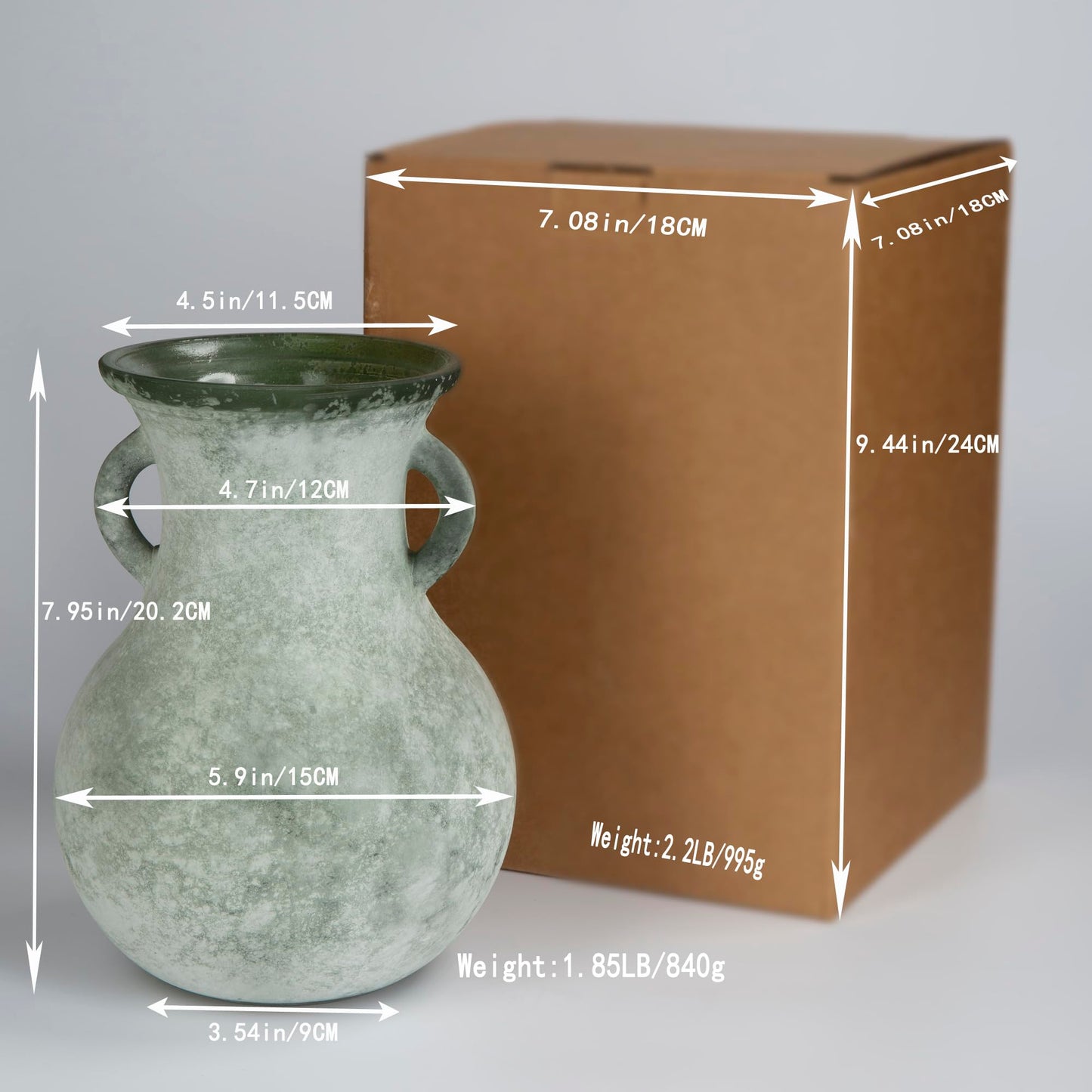 ZHIPINHUI 7.9in Green Glass Vintage Vase, Art Deco Double Eared Antique Marble Texture Vase