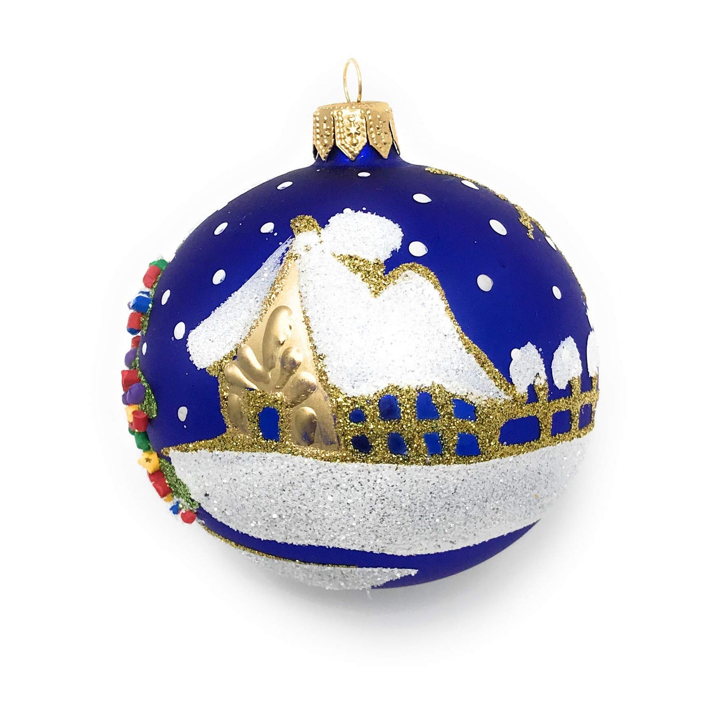 Polish Gallery Christmas Ornament, Angel with House and Holiday Tree, Blown Glass Ball 3-inch (Navy Blue)