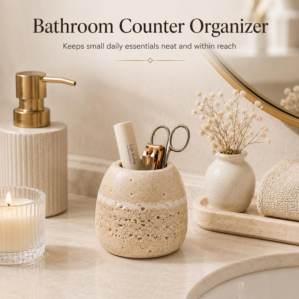 SIRIZEN-DIVING Travertine Cotton Swab Holder, Small Natural Stone Bathroom Cup for Q Tips, Matches, Toothpicks and Vanity Counter Decor, Beige