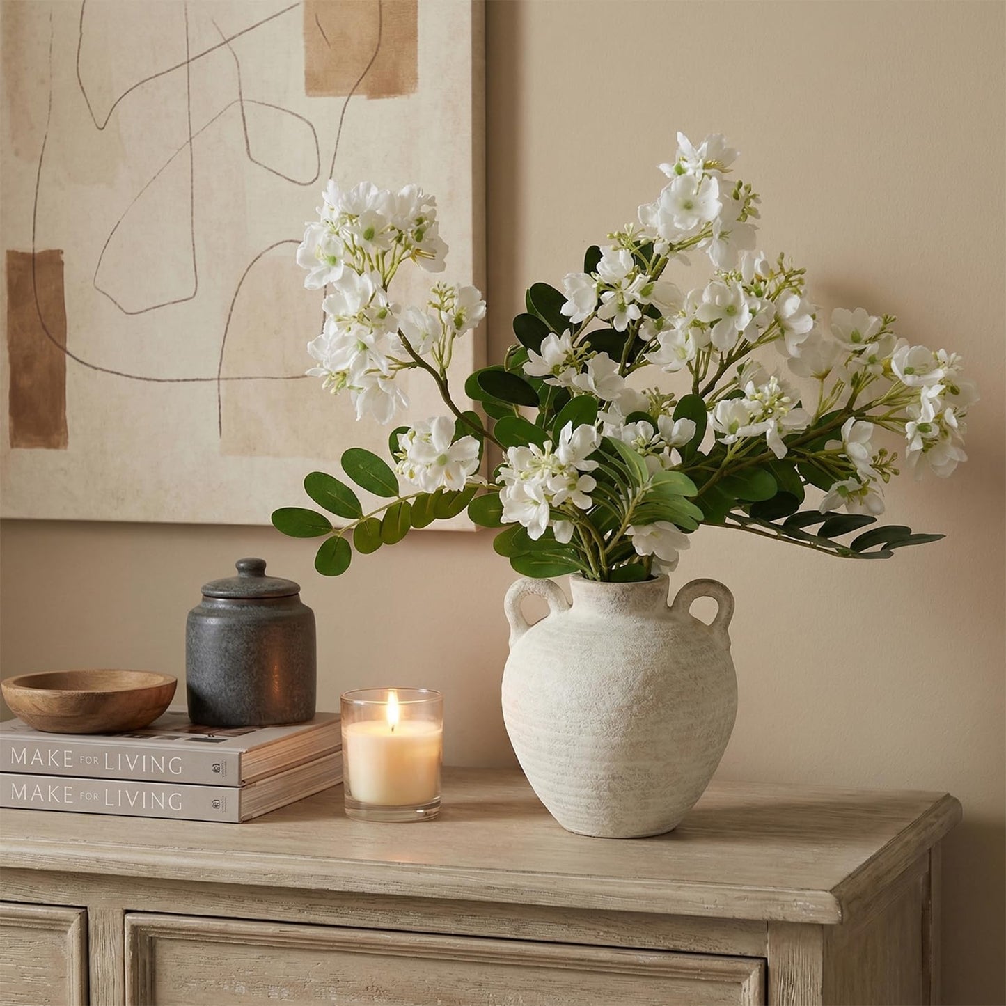 TBOHCRAFED Ceramic Flower Vase with Vintage Handles,Farmhouse Rustic, 6-inch vase