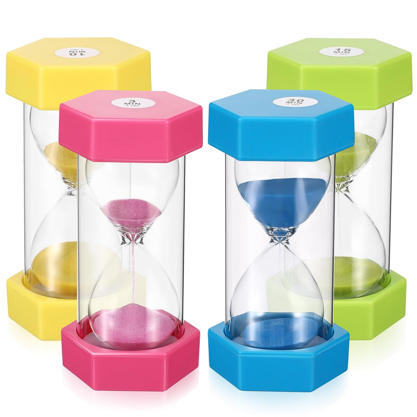 GLEAVI Visual Sand Timer for Kids, 4 Pcs Shatterproof Hexagonal Hourglass Timers (3, 10, 15, 30 Min), Anti-Roll Colorful Countdown Clock for Classroom, Toothbrushing, Study Focus, Visual Schedu