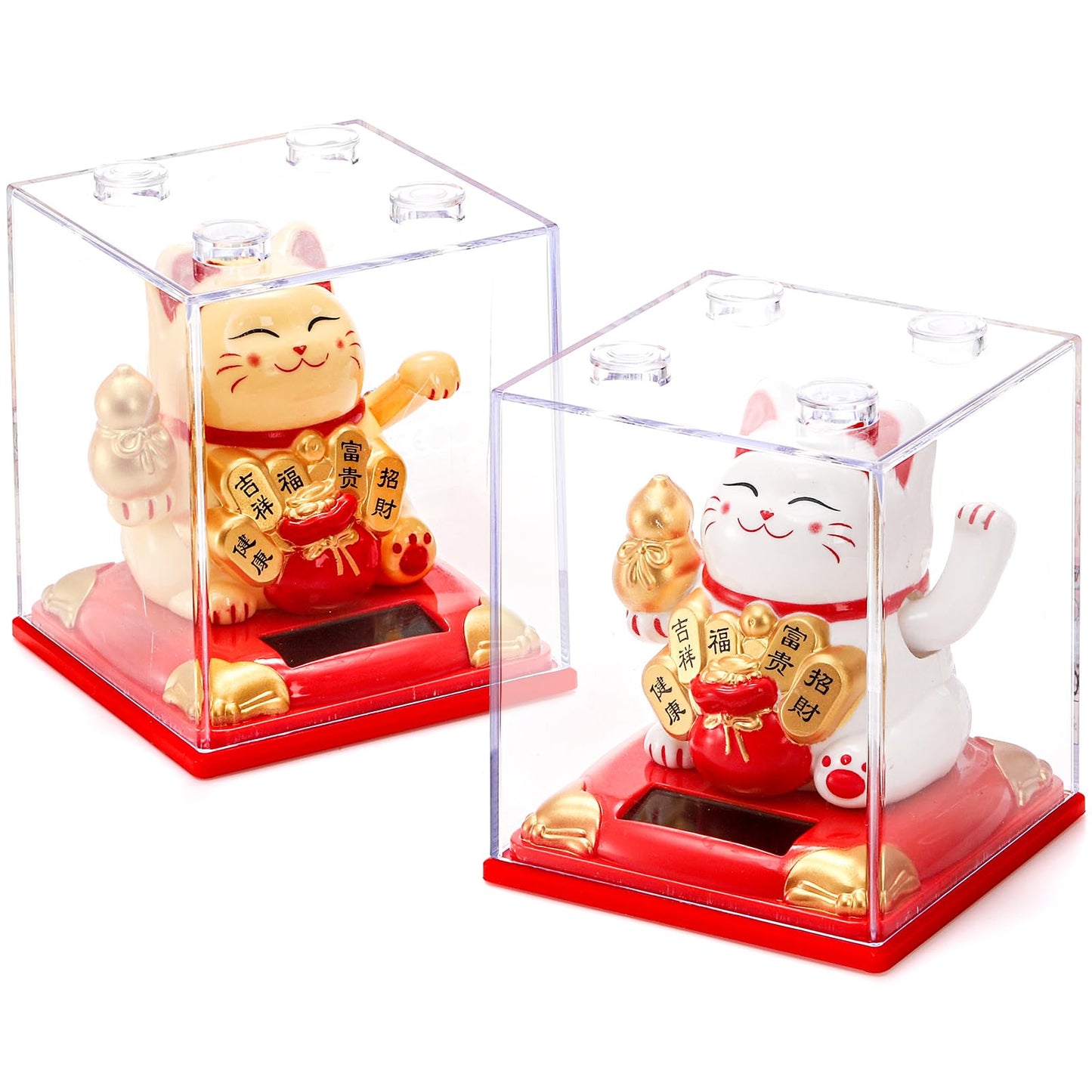Cididu 2 Pack Solar Waving Cat, Small Lucky Cat Waving Arm Solar Powered, Stackable Good Luck Fortune Cat Window Sun Catcher Car Dashboard Decor, Portable Suncatchers Welcoming Cat with Clear Cover