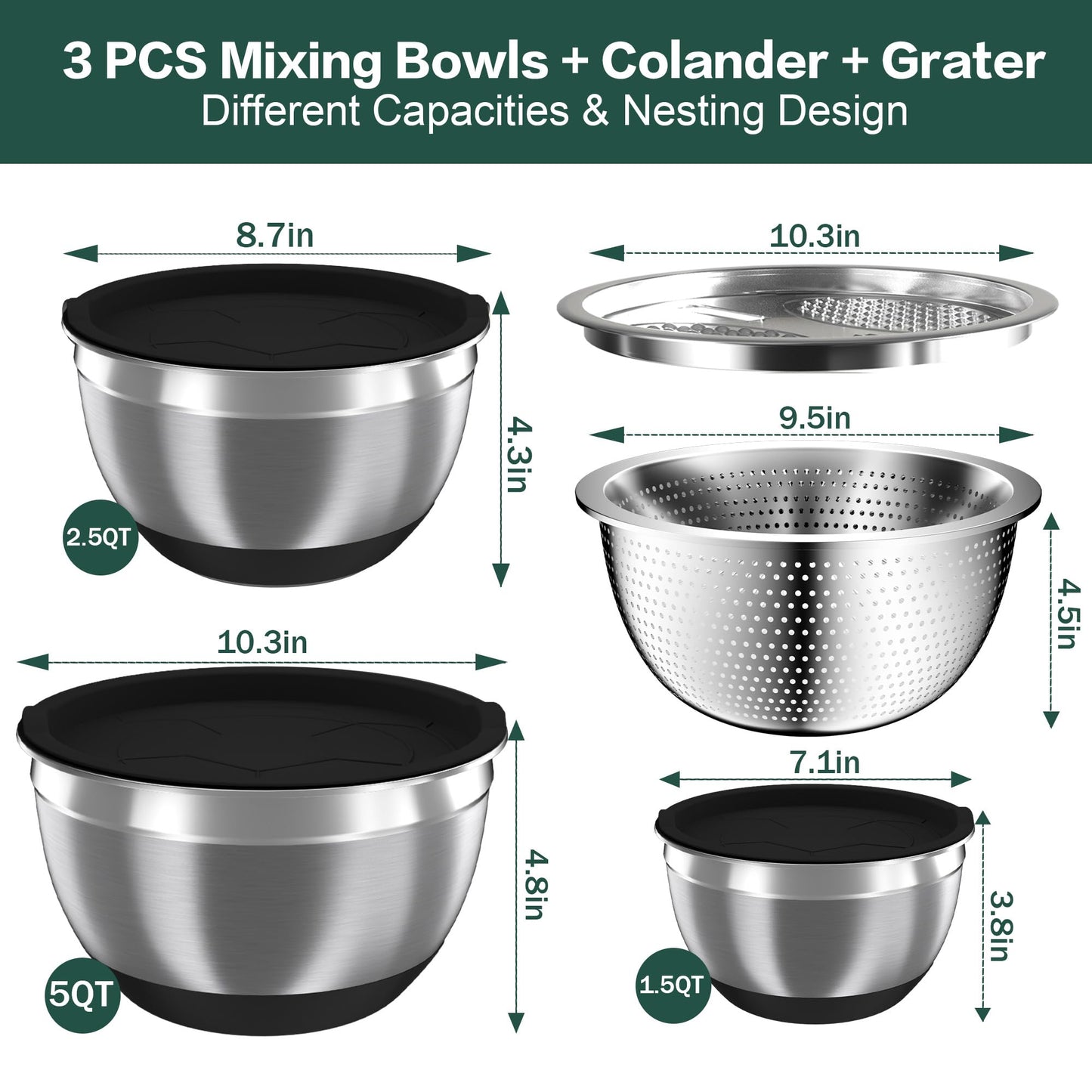 Mixing Bowls with Airtight Lids, Stainless Steel Mixing Bowl Set with 3 Nesting Kitchen Metal Bowls, Colander & Grater, Non-Slip Bottoms, Size 1.5, 2.5, 5 QT, Great for Mixing & Serving, Black