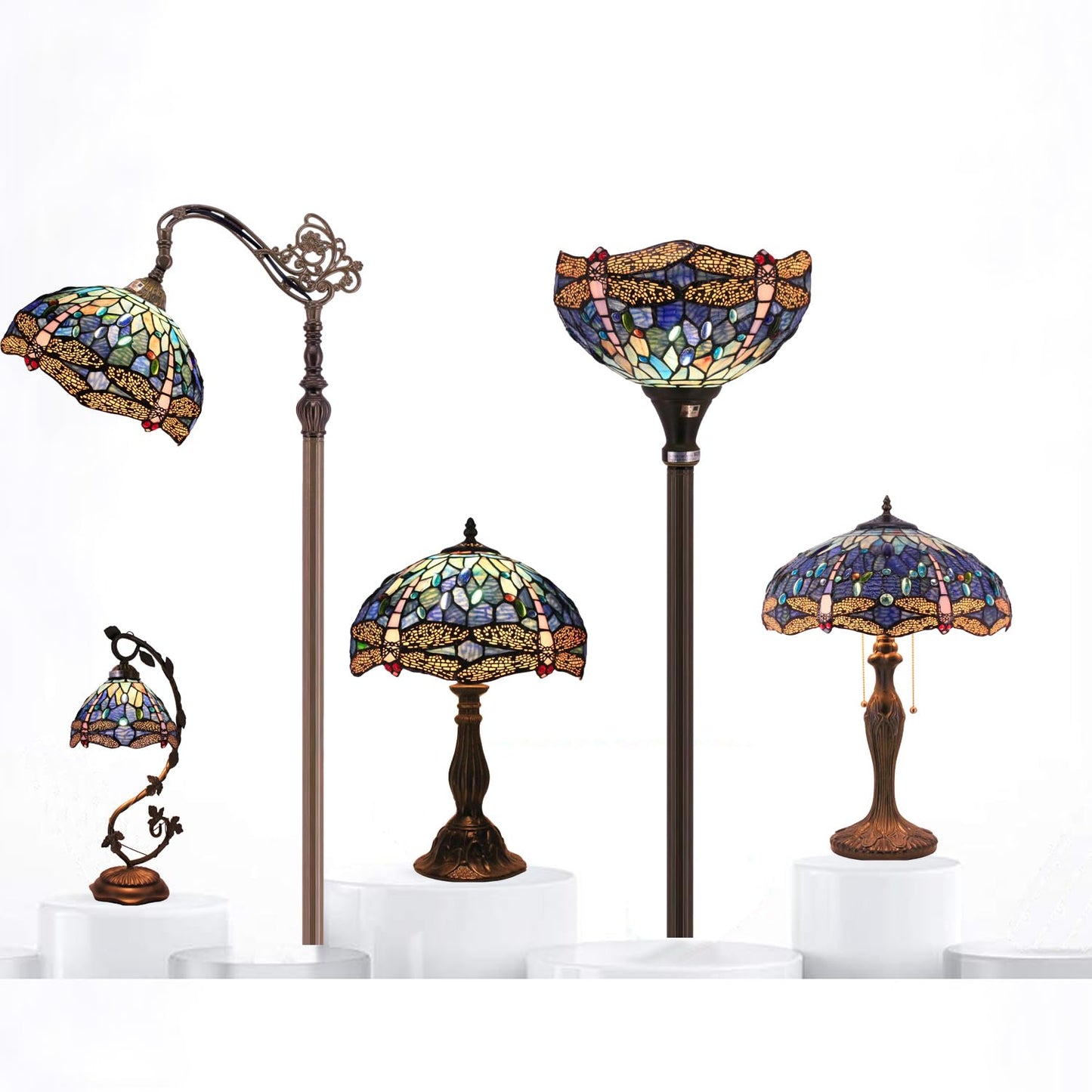 WERFACTORY Tiffany Table Lamp Blue Stained Glass Dragonfly Style Desk Light