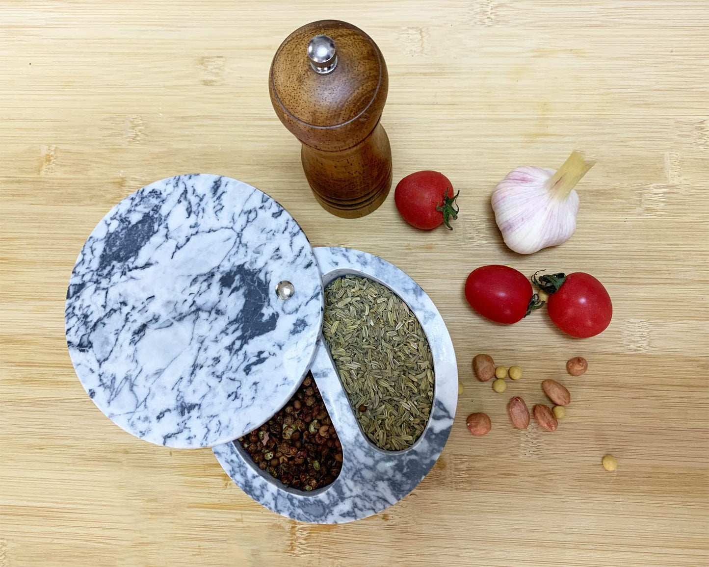 Daszui Marble Salt Box, Salt Cellar with Swivel Top and Dual Compartment, Elegant Marble Salt Box Storage Keeper for Condiments, Seasoning, Pepper.