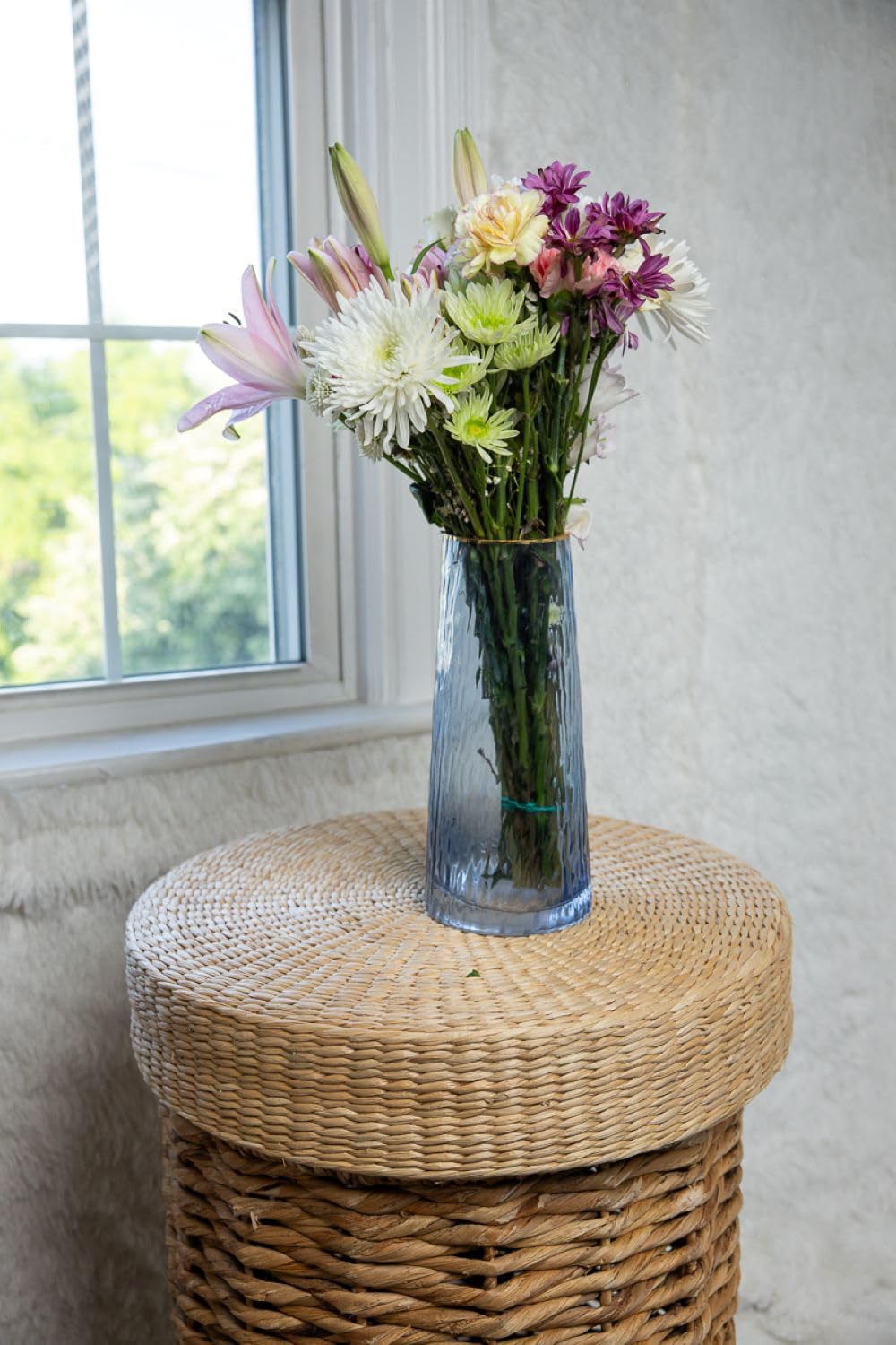 Cylinder Glass Vase with Gold Rim, for Flowers (Blue)