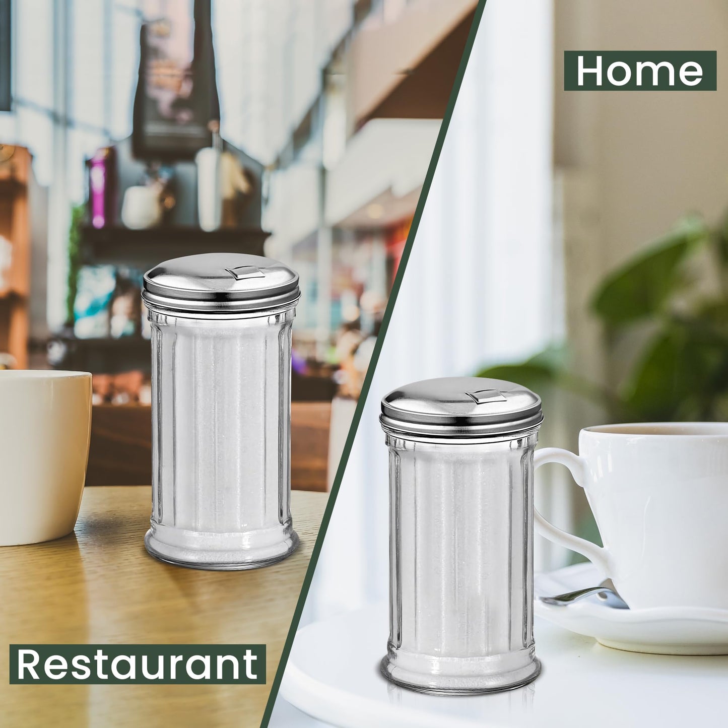 Great Credentials Retro Style Sugar Dispenser Pourer Shaker, Glass Jar with Stainless Steel Flap Lid, 12 oz, Set of 2