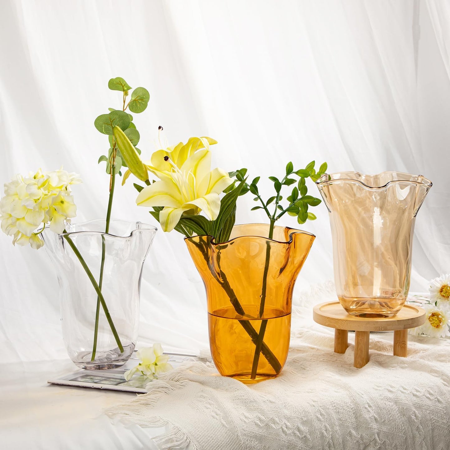 Nature Crafted 8 inch Amber Glass Vases Clear Flower Vases for Centerpiece, Large Crystal Vases for Flowers Wide Mouth Vase for Home Office Living Room Shelf Wedding Decor (Amber)
