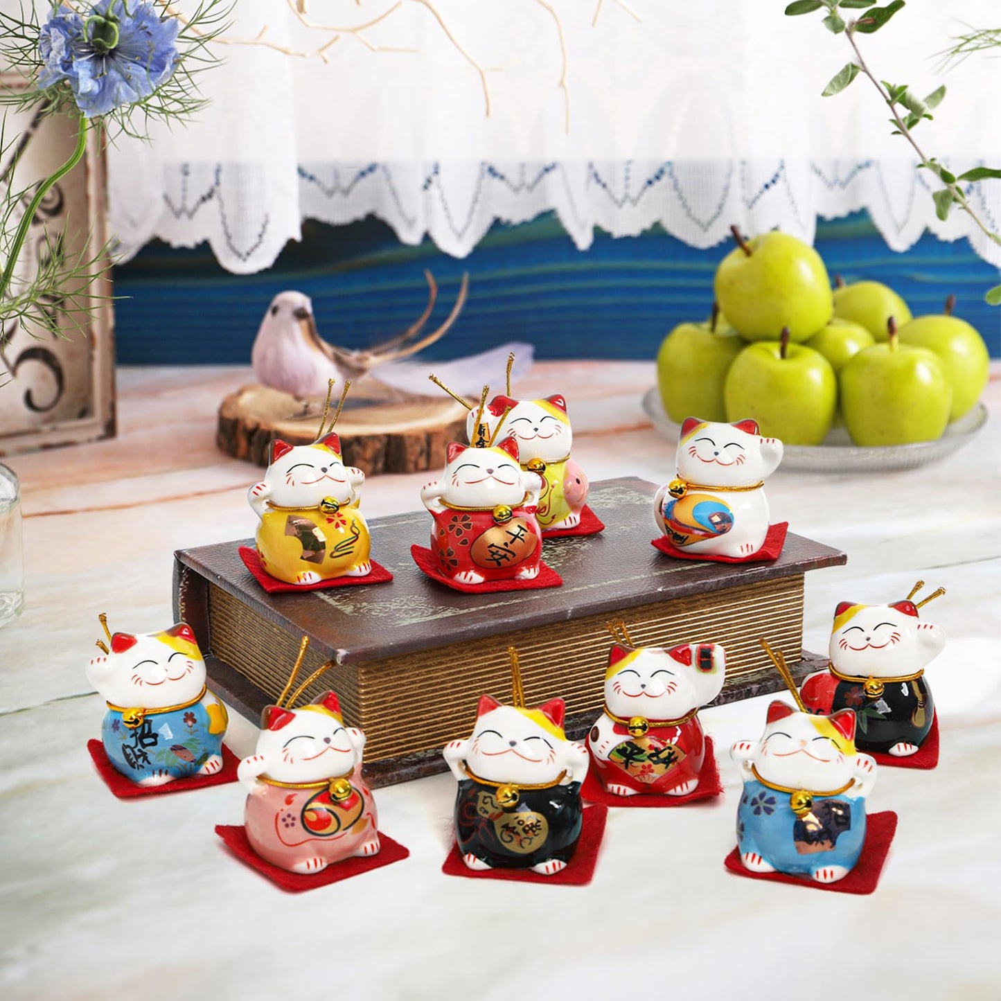 Elsjoy Set of 10 Mini Maneki Neko Lucky Cat, 2 Inch Ceramic Beckoning Cat Statue Japanese Fortune Cat Figurines for Home Decor, Gift