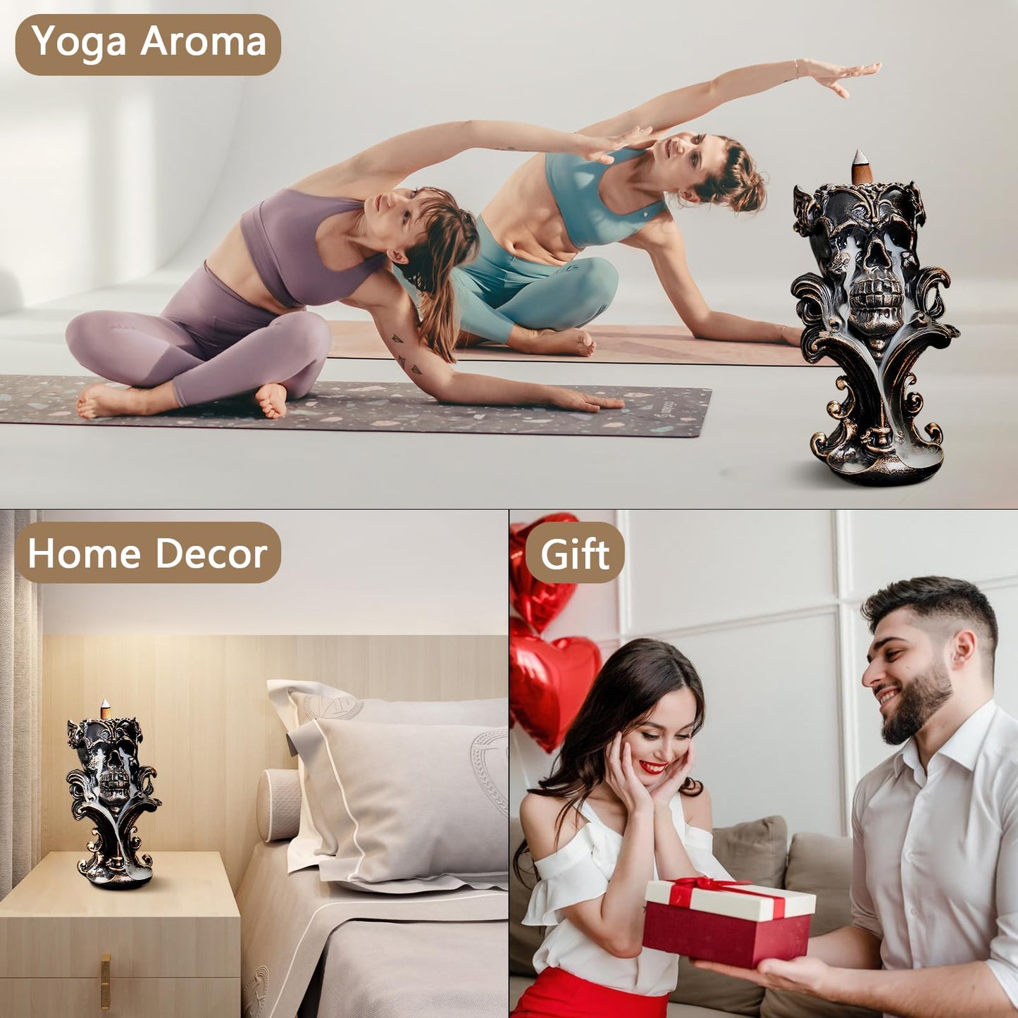 Comeon Backflow Incense Holder Burner Resin Skull Incense Burner Waterfall Incense Burner Home Decor + 20 Backflow Incense Cones + 30 Incense Sticks +1 Tweezer +1 Mat(Metallic Gold)