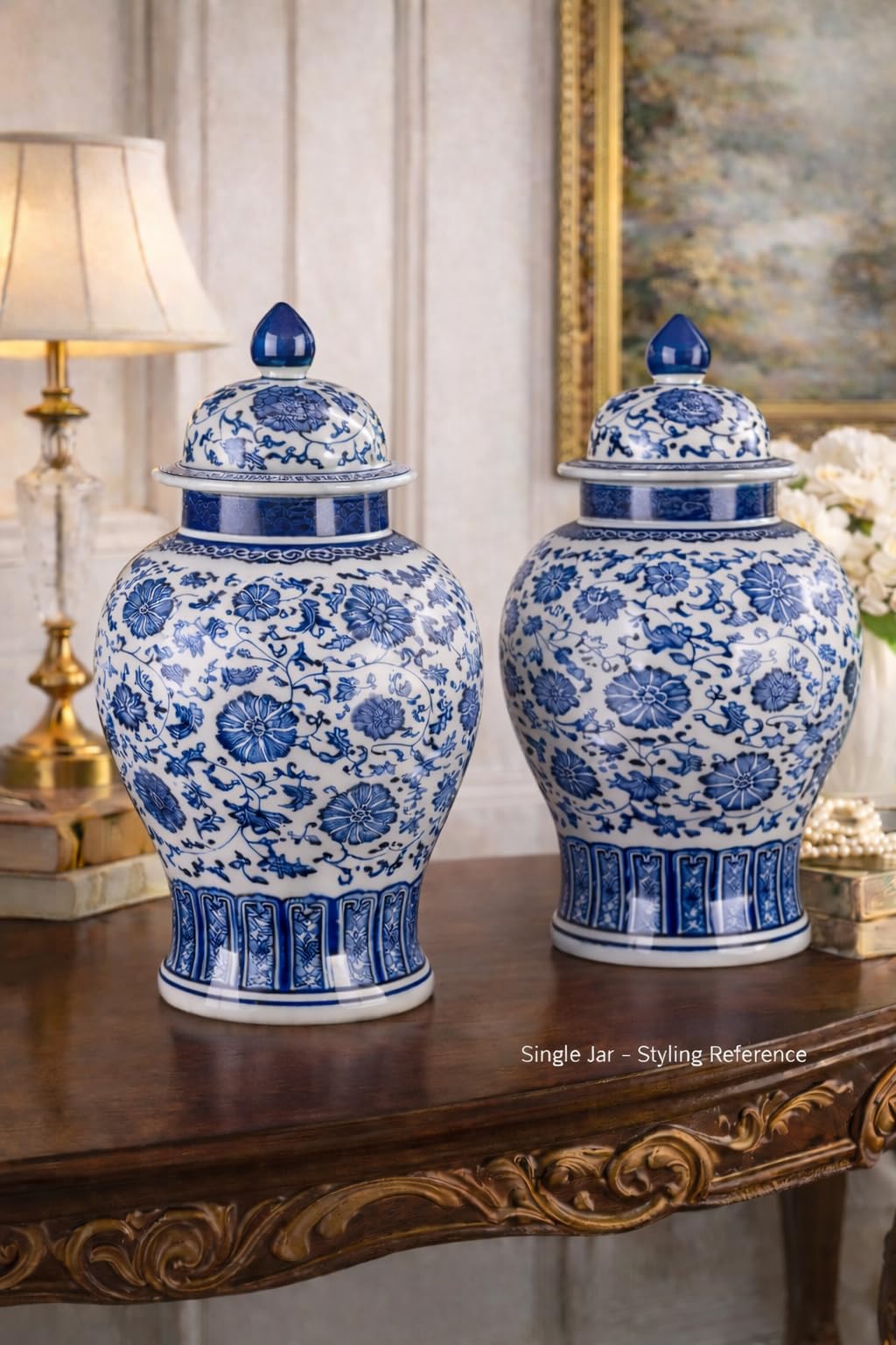 20" Classic Blue and White Porcelain Ceramic Floral Temple Ginger Jar Vase, Large China Ming Style, Jingdezhen