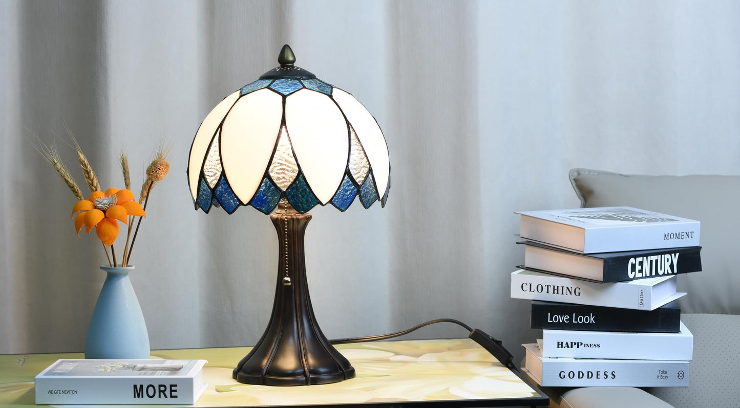 HomeBeauty TL0014 Tiffany Table Lamp Handmade Stained Glass Blue & White Lotus Bedside Lamp Bending Glass Reading Desk Light 9.5 X 16.5 Inches for Bedroom Living Room Home Office (Blue &White)