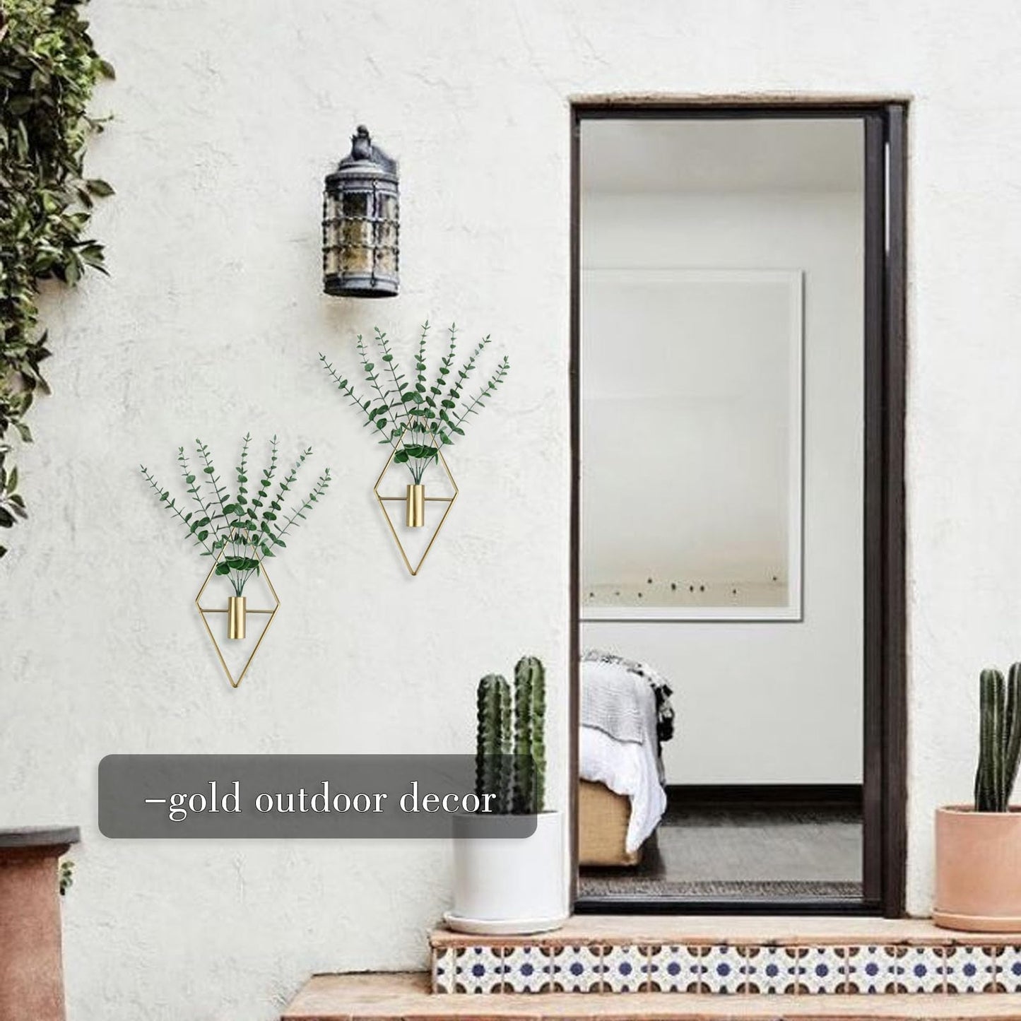 GREENTIME 2 Pack Wall Decor Hanging Planter with Faux Eucalyptus Gold Diamond Metal Hanging Vase Boho Wall Mounted Planter for Teacher Appreciation Living Room Bathroom Kitchen Outdoor Shelf