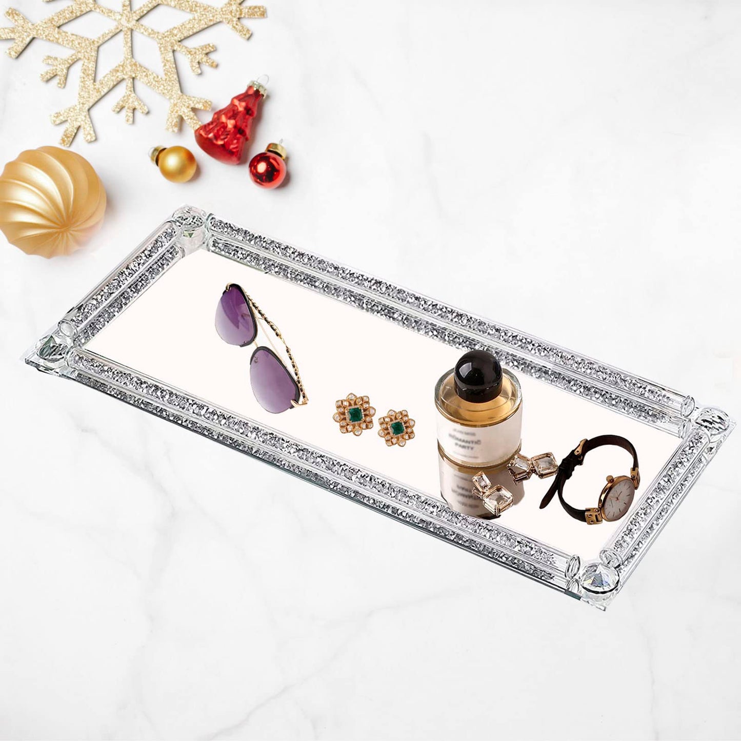 Crystal Glass Serving Tray, Crushed Diamond Filled Modern Glass Mirror Jewelry Trinket Tray, 13.7" x 5.9" Rectangular Makeup Perfume Tray for Bedroom Dresser, Home Decor, Banquet,Party(Silver)