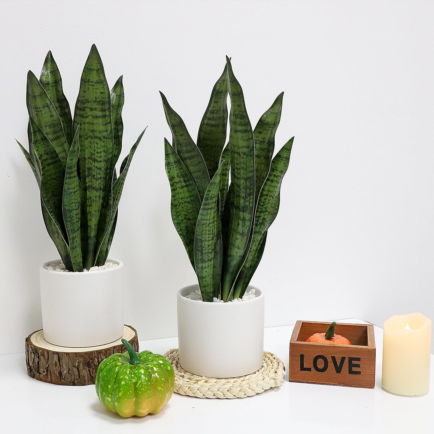 Anewsun Faux Plants, Artificial Snake Plant Set of 2, Faux Snake Plant with Pure White Ceramic Pots, Fake Sansevieria for Home Decor Indoor, Office, Living Room, Housewarming Gifts