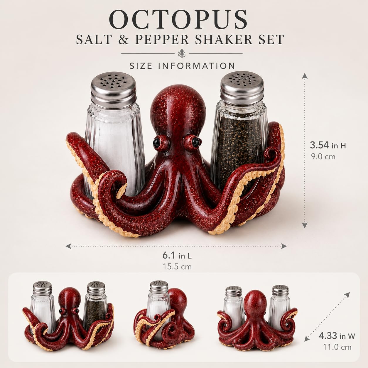 Comfy Hour 6" Red Octopus Salt and Pepper Shaker Duo (Empty Bottle Set Included), Decorative Coastal Ocean Figurine Holder for Kitchen Tabletop, Heavy Duty Resin Stone Texture, 1 Unit