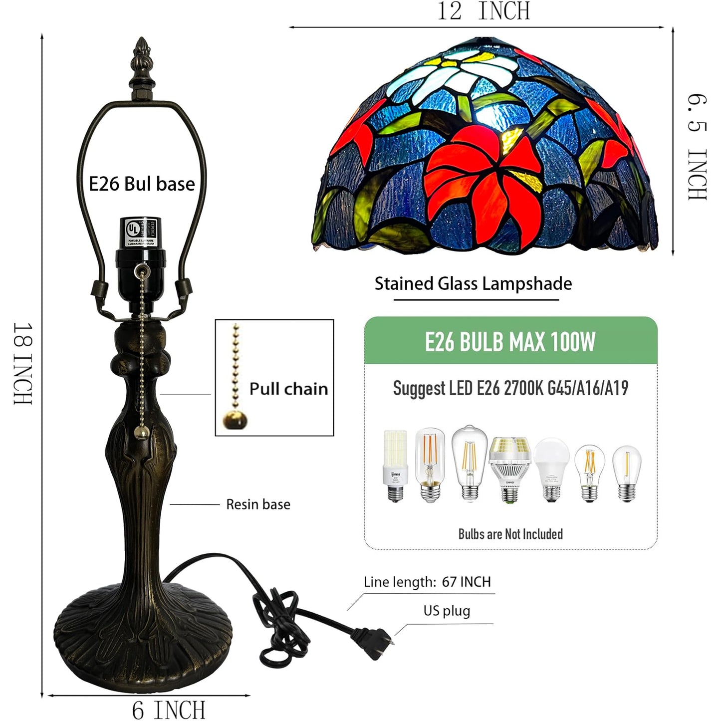 LUSTIX Tiffany Table Lamp Stained Glass Reading Lamp Sky Blue Irises Style