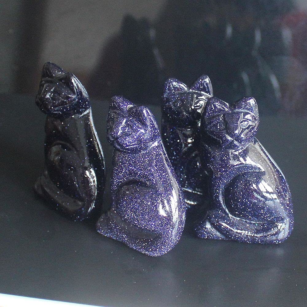2‘’ Hand Carved Mixed Gemstone Crystal cat Figurine Animal Statue Carving Home Decor (Blue Goldstone)