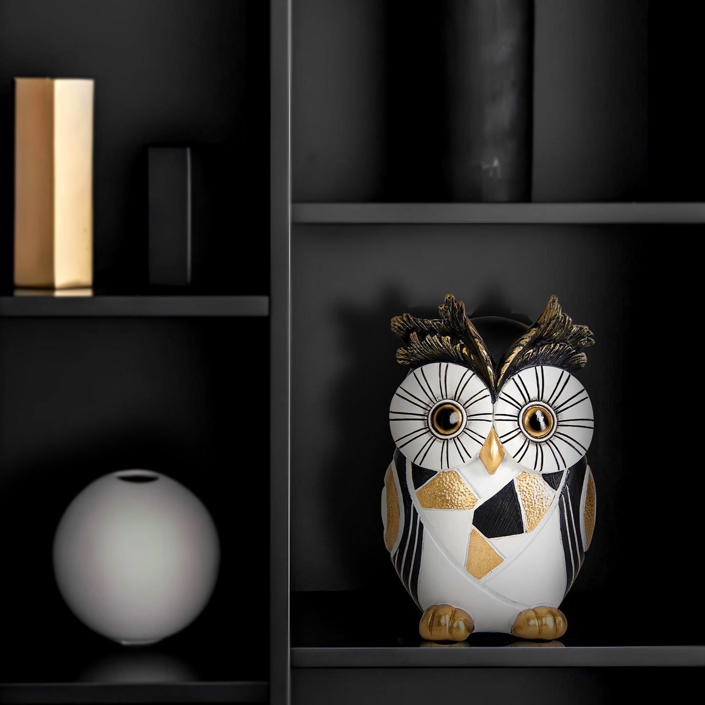 Wiresusan Modern Black and Gold Owl Statue Unique Minimalist Owl Figurine for Home Decor Shelves, Bookshelves, Office Desk Accents Whimsical Animal Sculpture Art Deco Gift for Woman Mom Bird Lovers