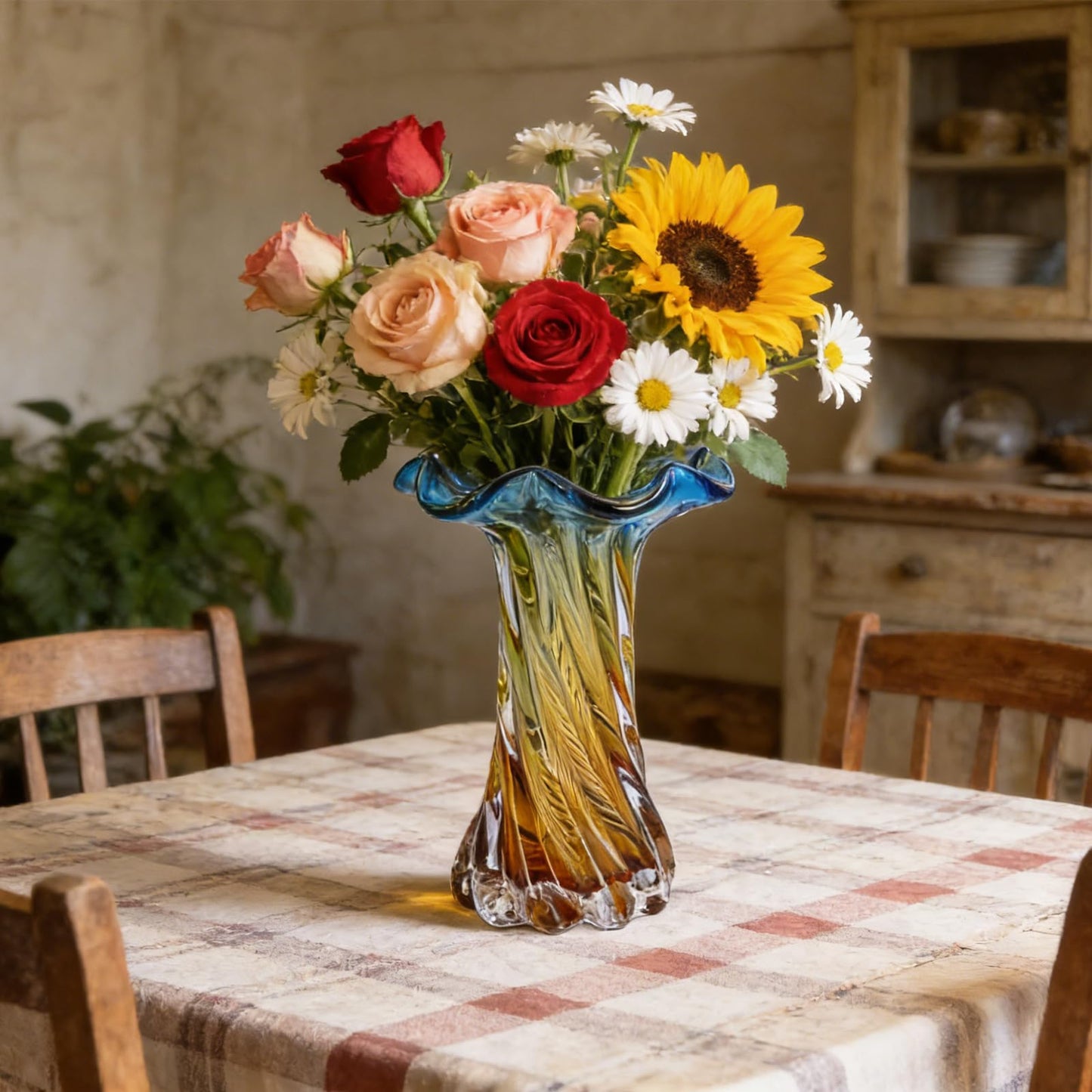 Hand Blown Glass Vase with Flower-Shaped Rim, 10.63in Spiral Swirl Blue to Golden Gradient Vase for Home Centerpiece, Coffee Table, Living Room & Independence Day Decor (S)