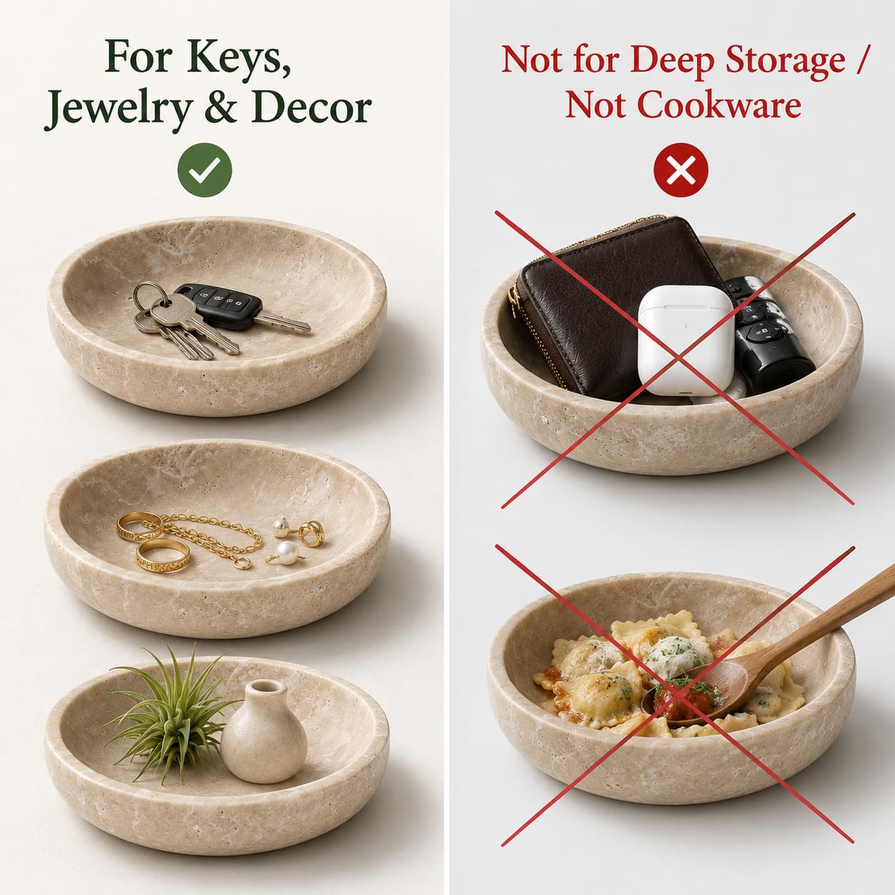 SIRIZEN-DIVING Large Travertine Decorative Bowl, 7.87-Inch Natural Stone Key Bowl and Catchall Bowl for Entryway Table, Coffee Table Centerpiece, Console Table and Living Room Decor