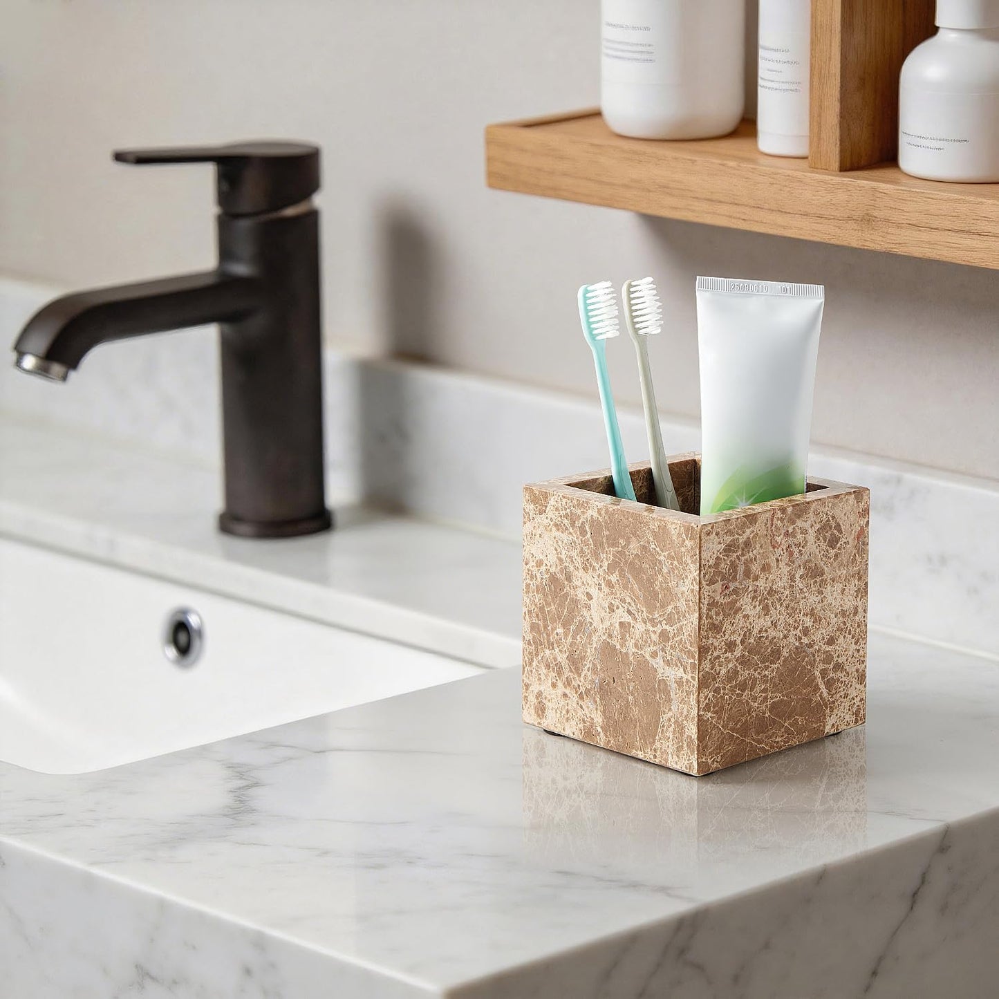 Natural Marble Makeup Brush Holder & Toothbrush Holder, Non-Ceramic, Non-Resin 3.93 Inch Square Marble Jar,Makeup Brush Organizer Suitable for Bathroom, Desk, and Living Room(Dark Brown)