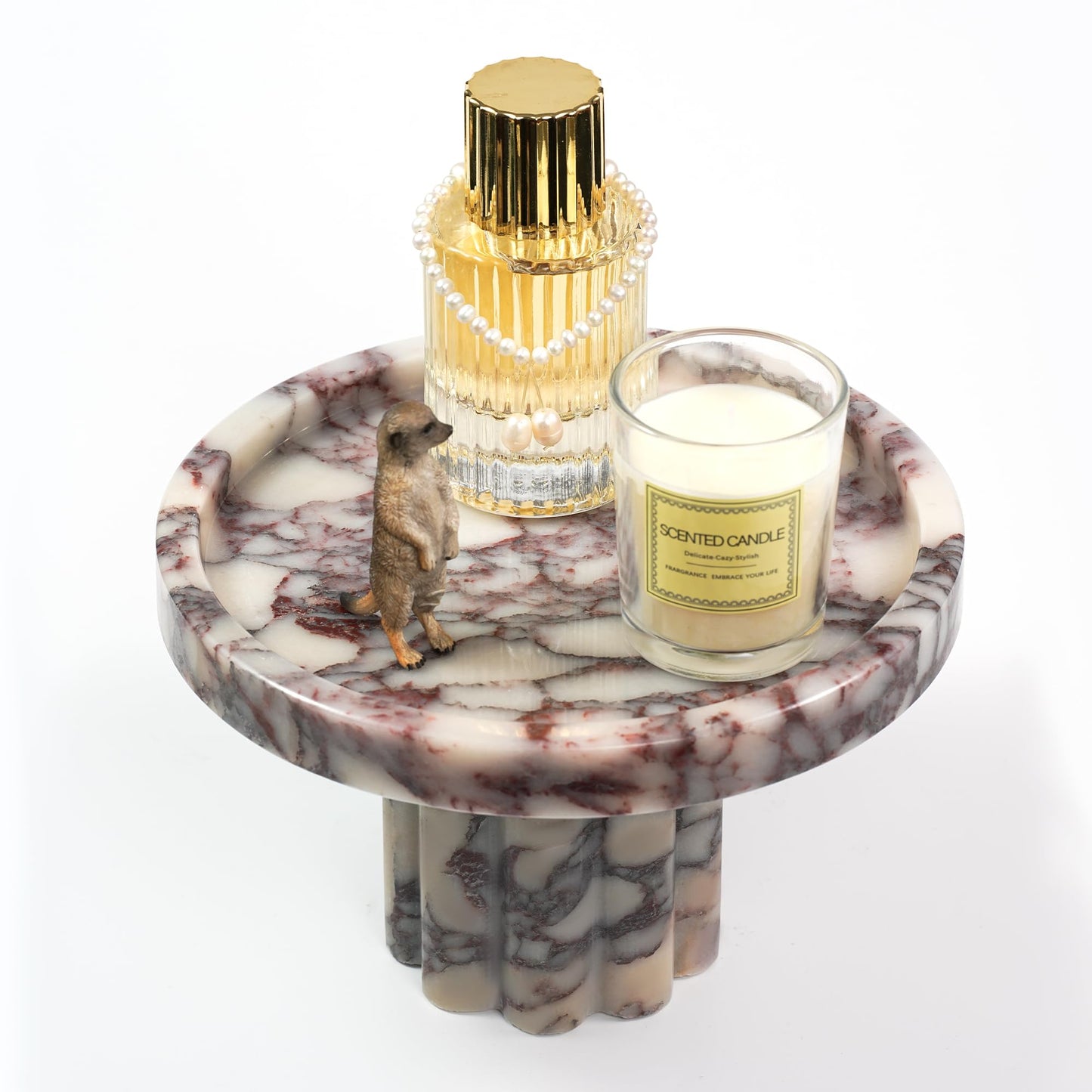 LWALMS Marble Perfume Tray with Legs - Round Decorative Stone Pedestal for Bathroom Vanity Coffee Table Kitchen Countertop, Footed Jewelry Candle Organizers Catchall Plate Riser with A Scalloped Leg
