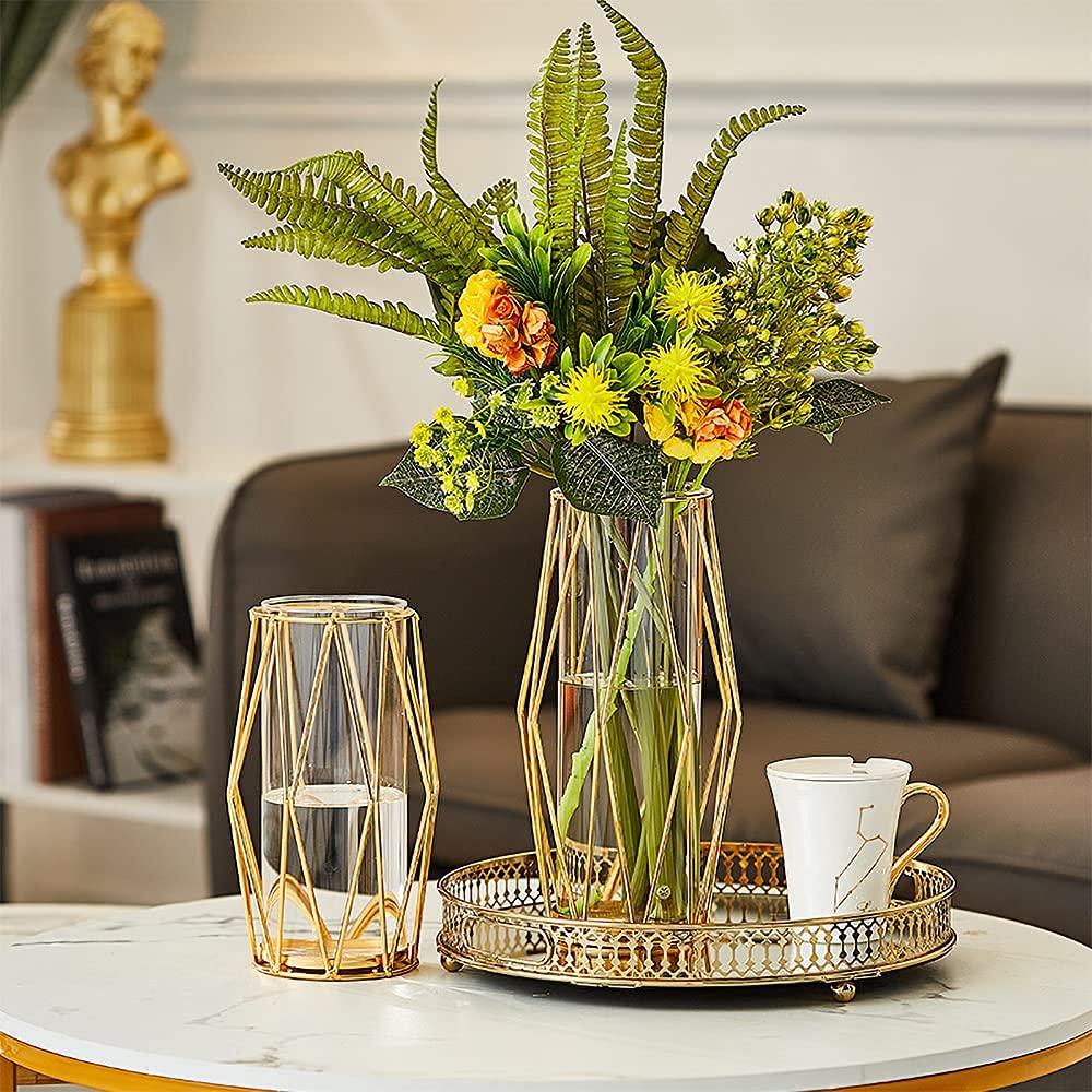 FSyueyun Gold Flower Glass Vases for Centerpieces with Premium Metal Rack, Modern Large Vases Home Decor Living Room or Wedding Centerpiece (11 Inches Tall)