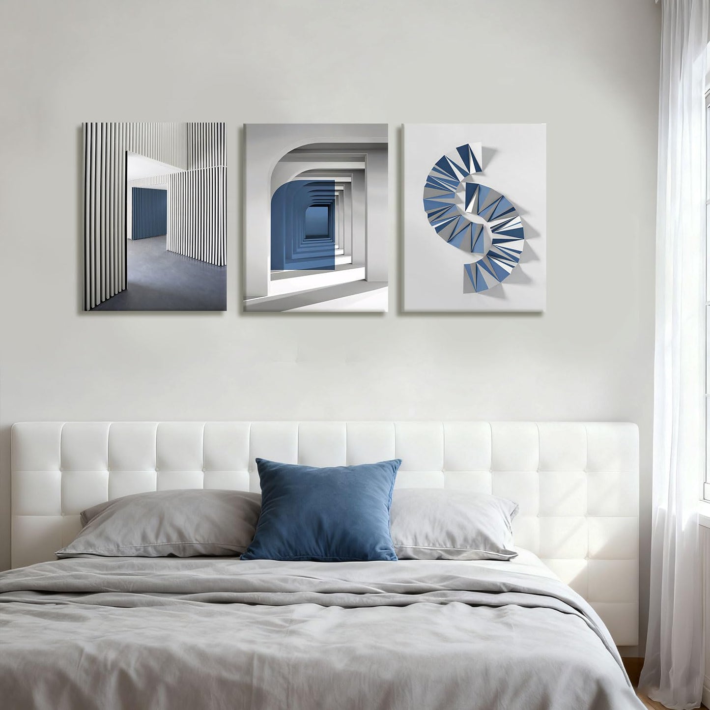 NCCXNCC 3-Pcs Abstract Blue Canvas Wall Art Neutral Minimalist Paintings Gray Geometric Posters Print Modern Architecture Image Artwork Living Room Bedroom or Office Wall Decoration 12x16 inch