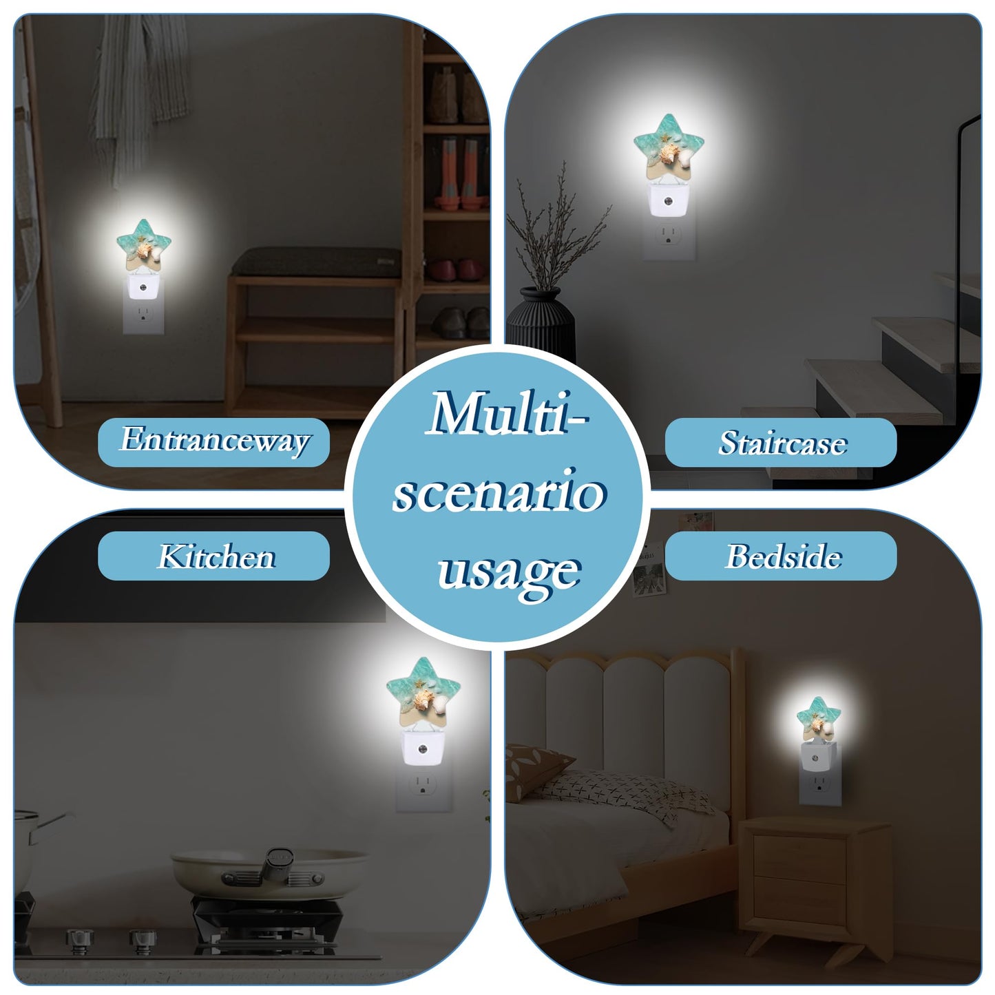 SKYDAWNY Beach Starfish Shells Plug-in Night Light with Dusk-to-Dawn Sensor for Bathroom,Bedroom and Hallway Sleep Friendly Lamp for Women/Girls/Boys Gift,0.5w