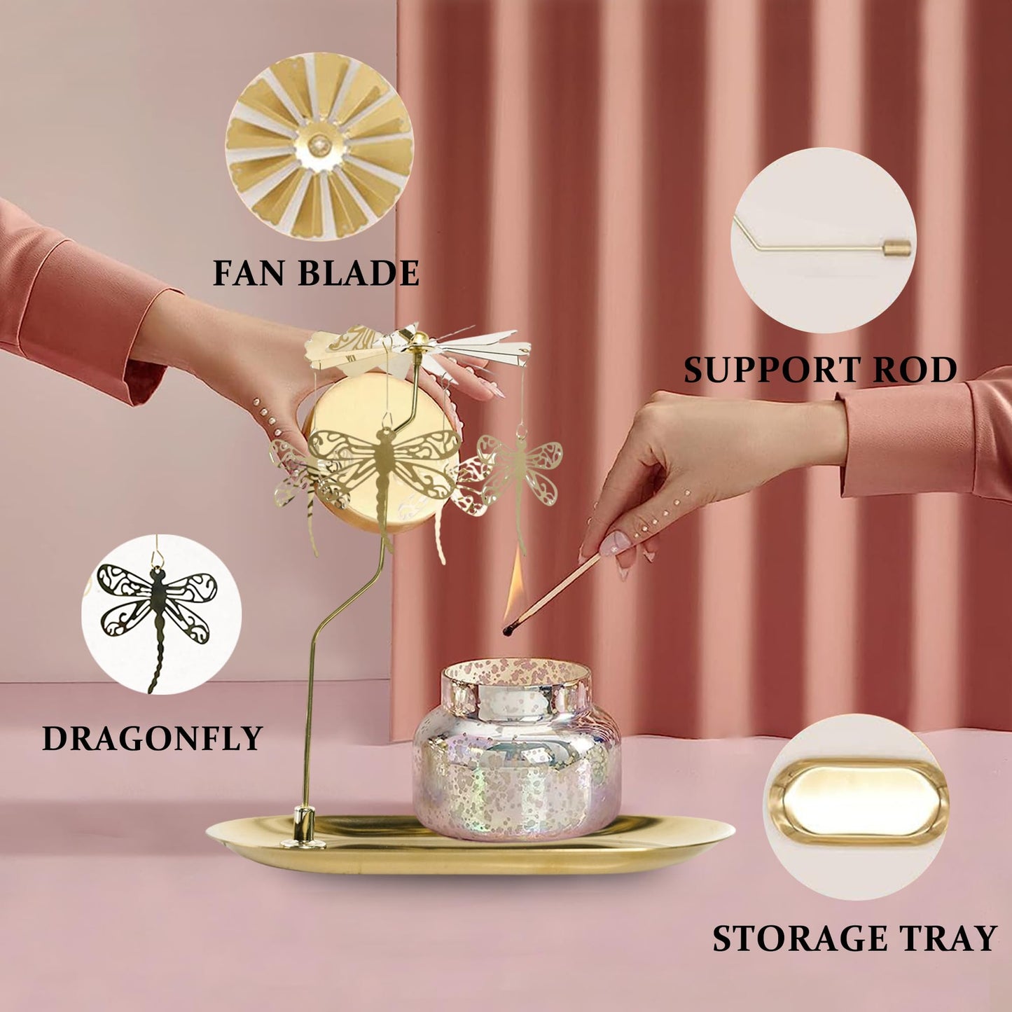 Rotary Candle Holder Dragonfly Gold Metal Spinning Tea Lights Candle Holder, Romantic Scandinavian Designed Candlestick Ornament for Wedding Party Christmas Festival Home Decor,Dragonfly