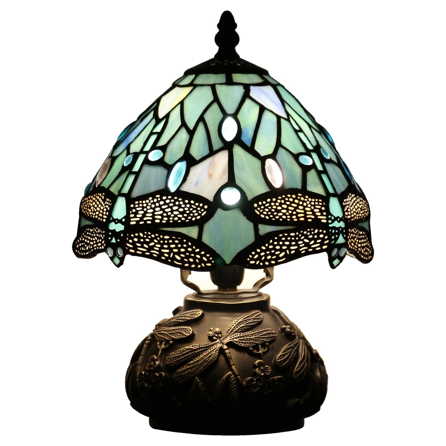 SYETL Small Tiffany Lamp Mini Stained Glass Table Lamp Sea Blue Dragonfly Style Mushroom Desk Light Memory Sympathy Lamp 8X11 Inch