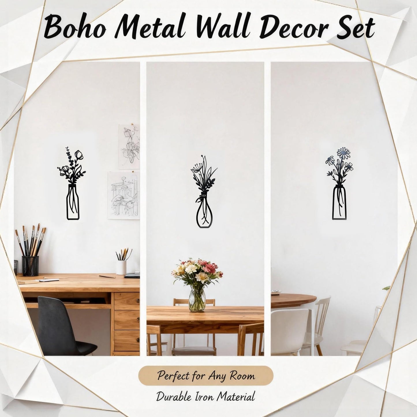 Set of 3 Black Metal Flower Wall Art, Modern Farmhouse Rustic Vase Wall Decor for Living Room Bathroom Kitchen Bedroom, Elegant Gift for Housewarming Spring Mother's Day for Homeowners