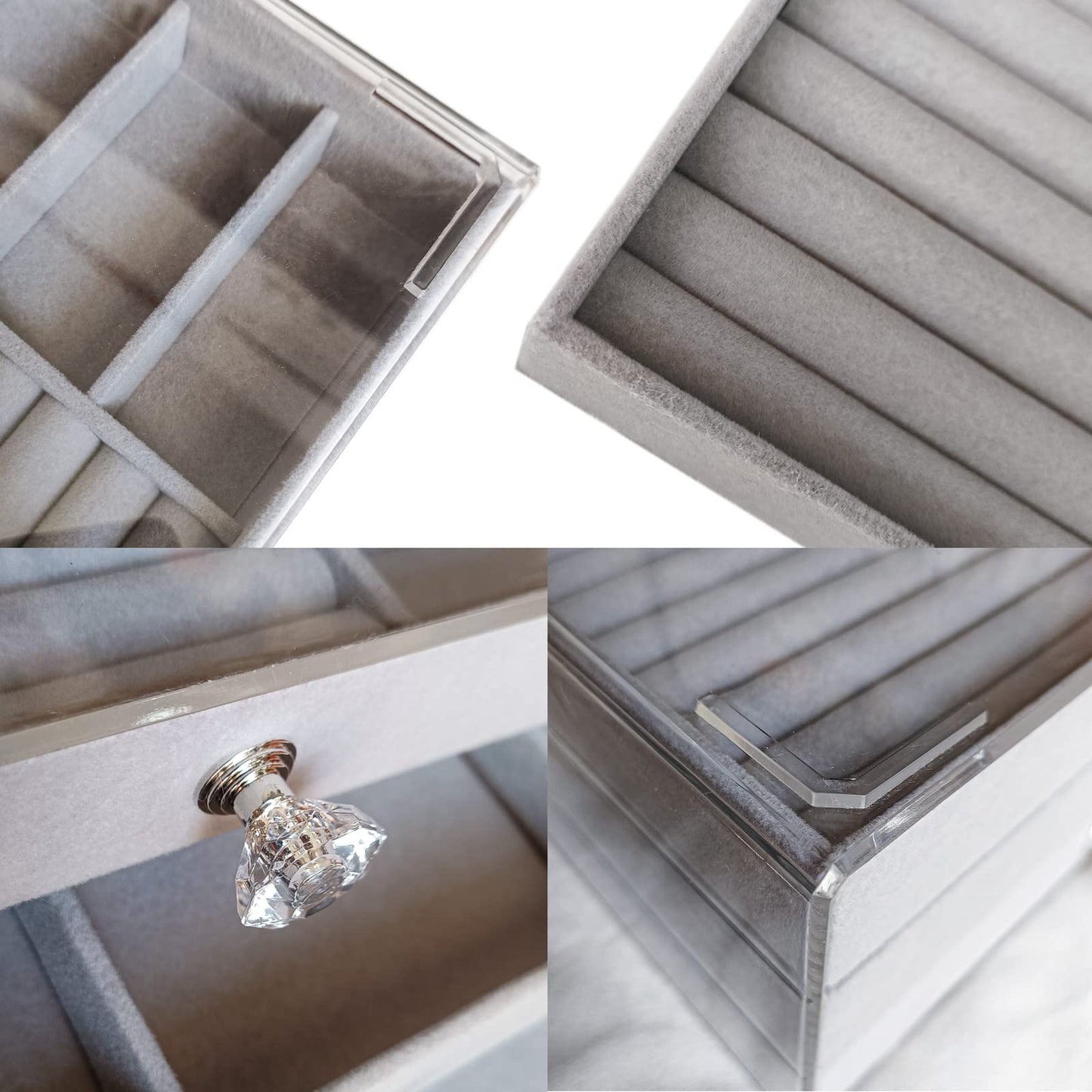 Jemjosh Clear Acrylic Velvet Jewelry Organizer with 3 Drawers, Stackable Display Storage Earrings Necklace Rings Bracelets Box Holder Case for Women, Grey