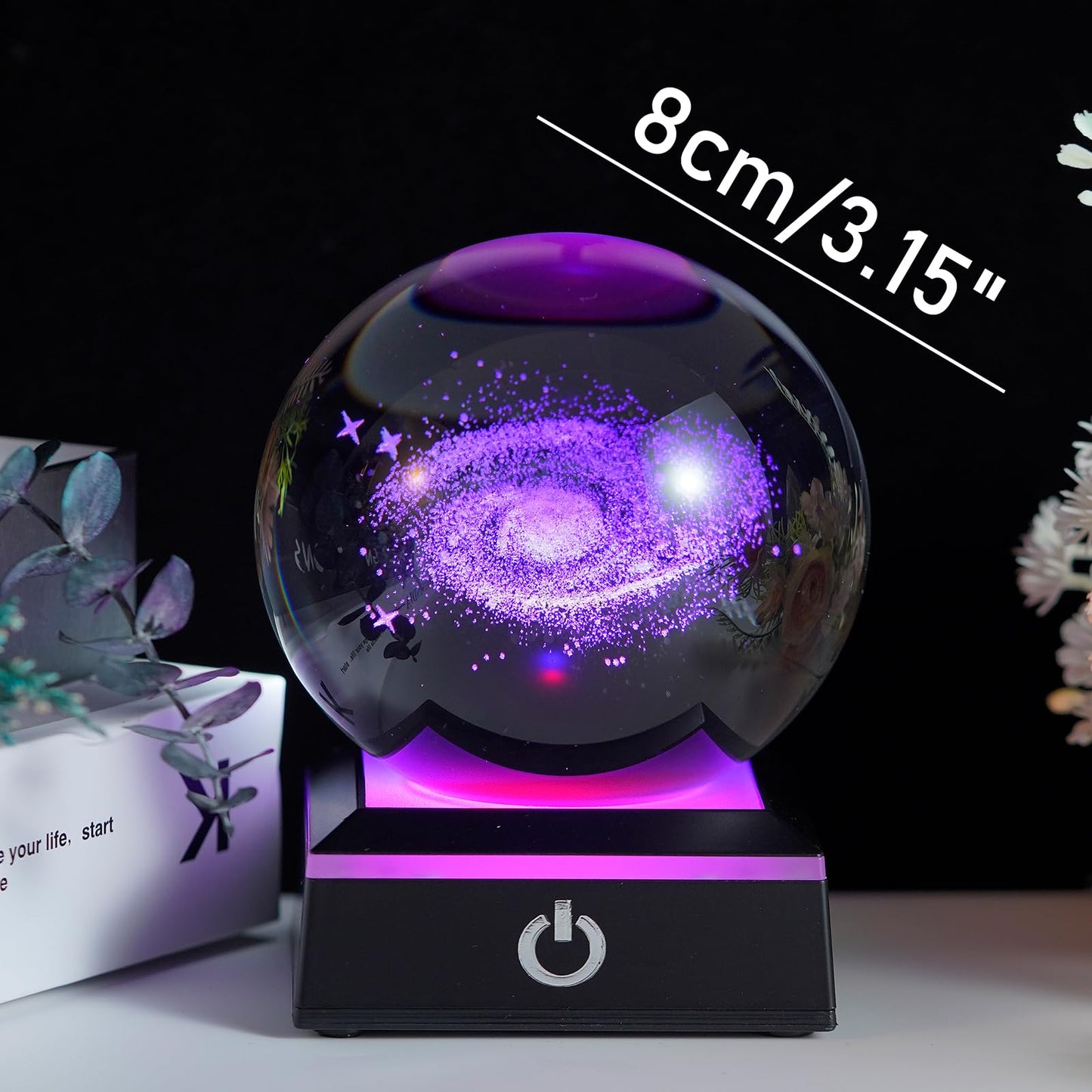 MICROBRIGHT 3D Galaxy Crystal Ball with LED Base - Space Decor, Astronomy Gift for Men, Teachers (80mm)