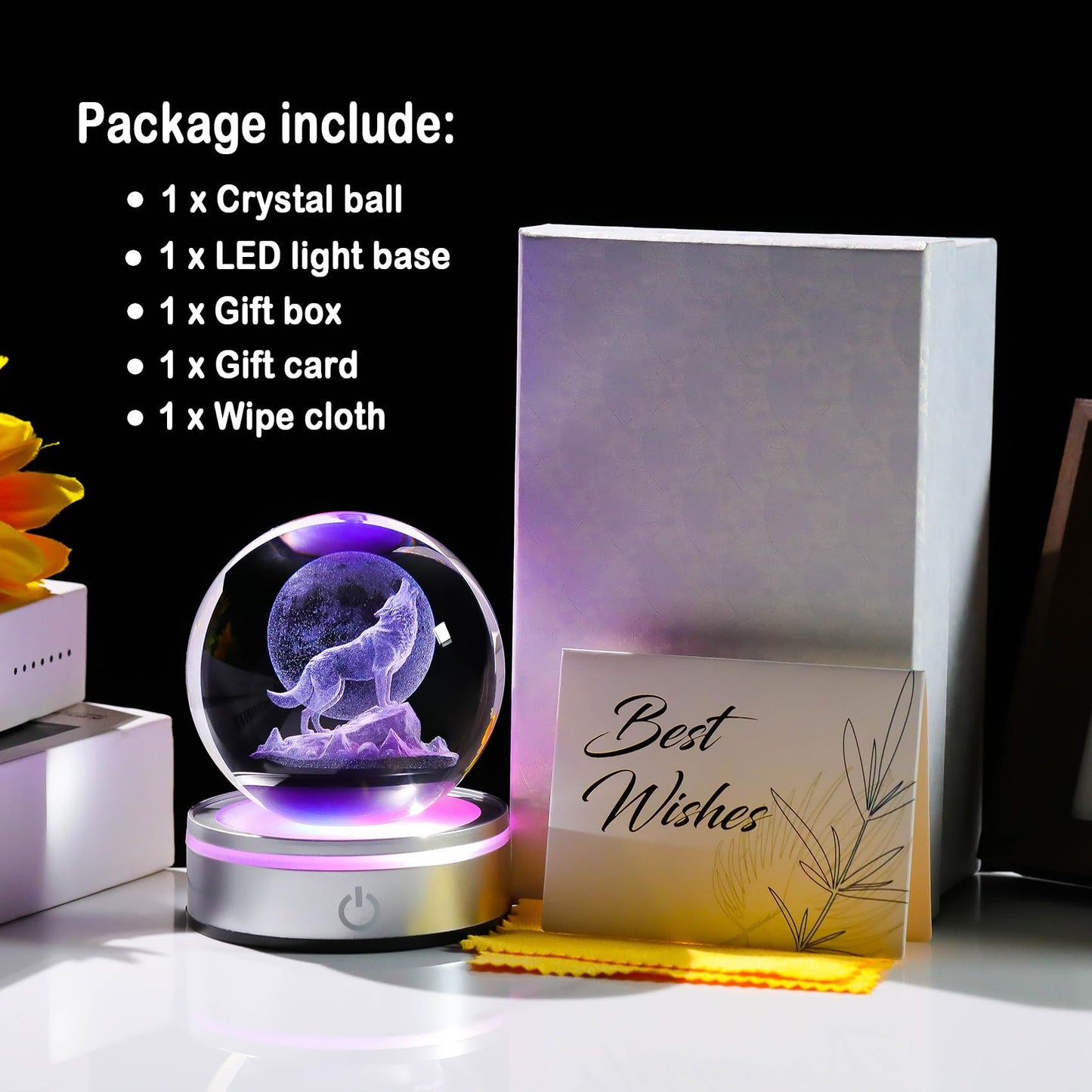 Arikyrist Crystal 3D Wolf 3.15in Ball Figurine Gifts for Men, Collectible Glass Animal Art Sphere for Room with LED Light Base Keepsakes for Wolves Lovers Home Decor Paperweight