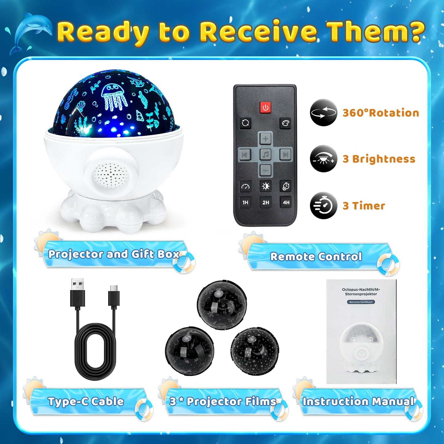 Cute Octopus Night Light Projector,17 Light Modes Ocean Star Projector with 360° Rotation, 3 Projection Films and 9 Lullaby Songs,Night Lamp with Remote and Timer, Gifts for Family and Friends (White)