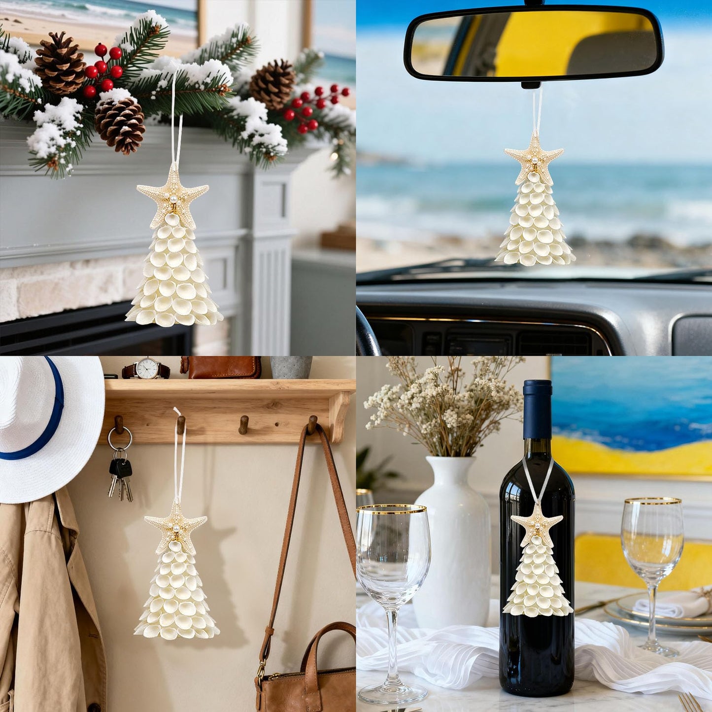 Small Seashells Christmas Tree Ornament - Handmade Natural White Sea Shells Ornament, Beach Christmas Tree for Beach Coastal Home Xmas Decor, Party Birthday Gift, Small Figurines Christmas Tree