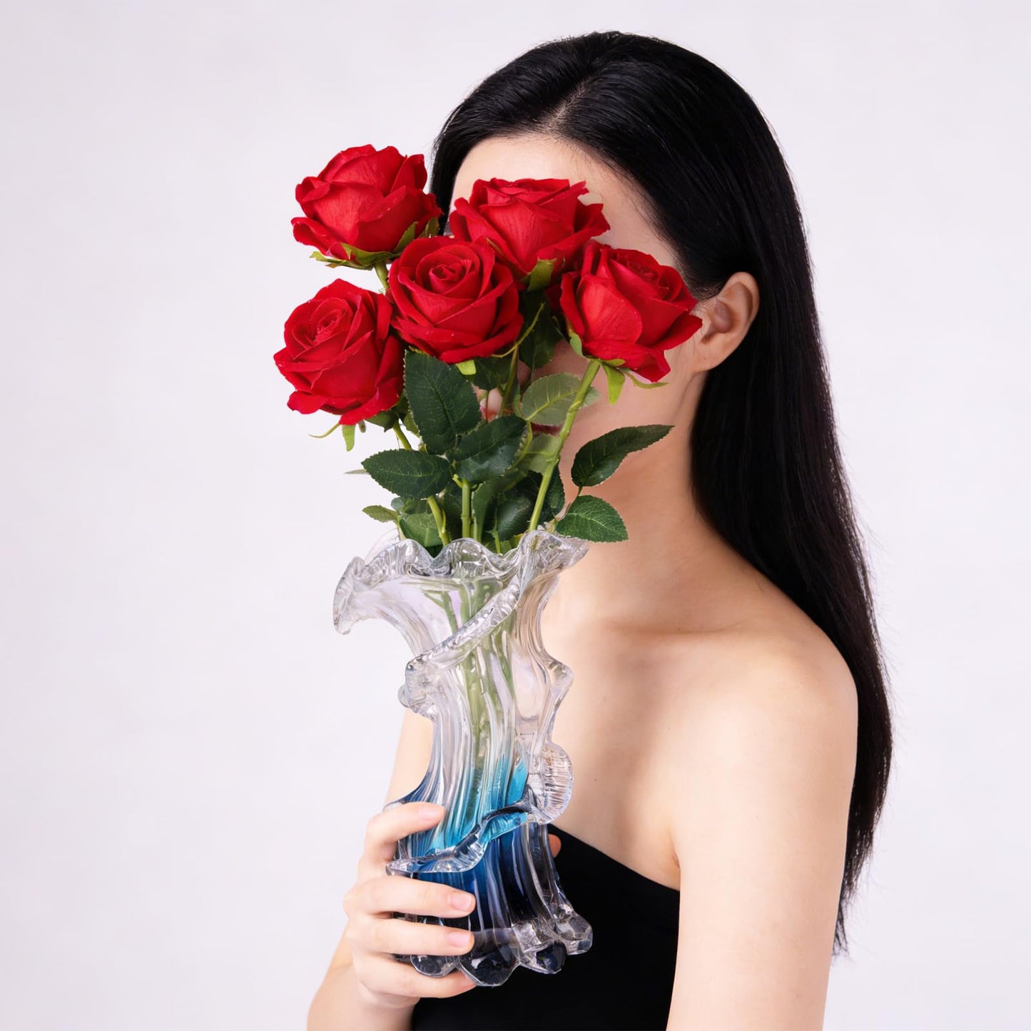 Unique Hand Blown Blue Glass Vase - Artistic Blue Gradient Flower Vase for Home Decor, Centerpieces & Office Shelf