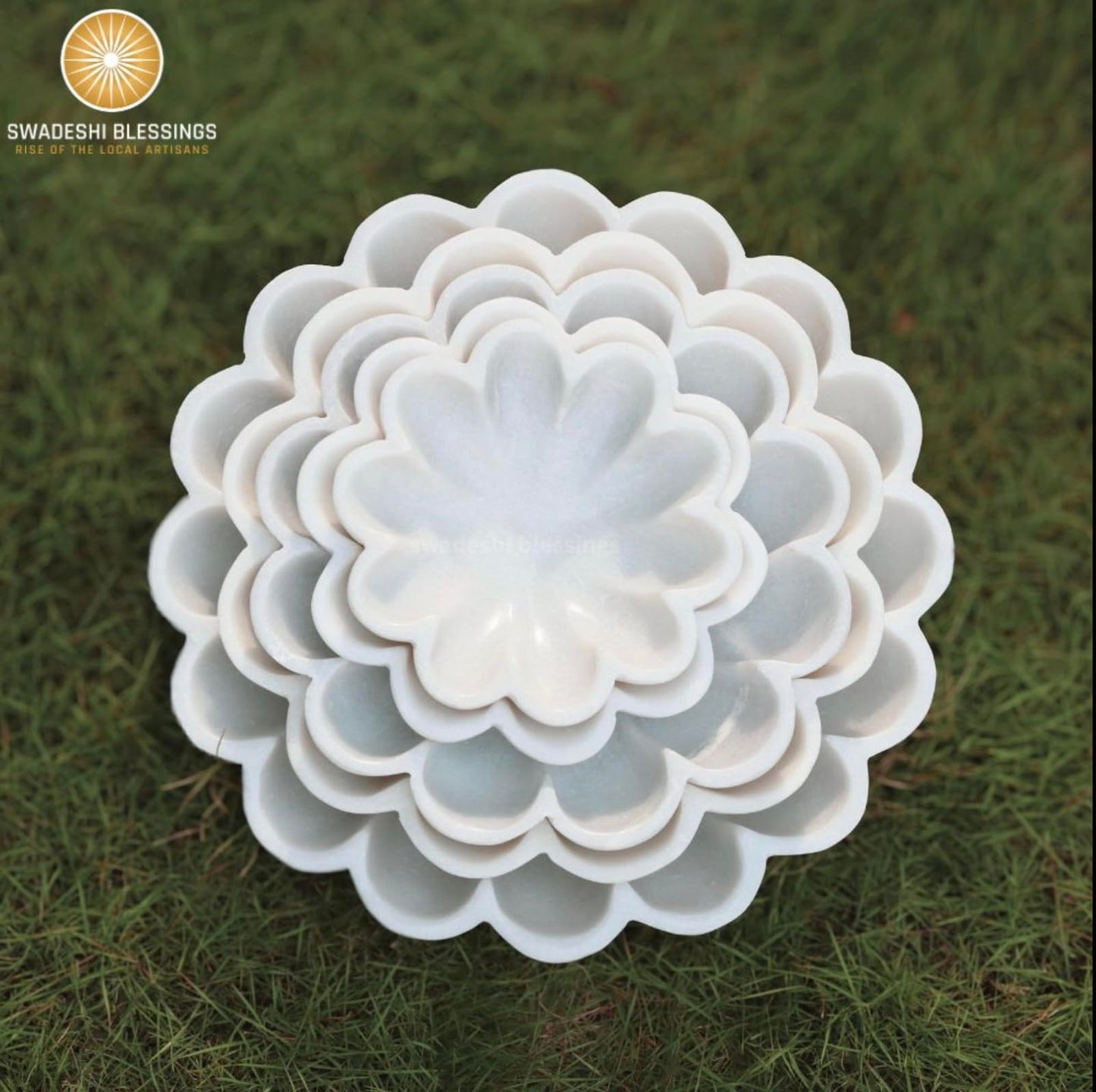 SWADESHI BLESSINGS HandCrafted Marble Decorative Bowl | White Ruffle Scalloped Fluted Key/Fruit Ring Dish | Organic Modern Home Decor (7 Inches)