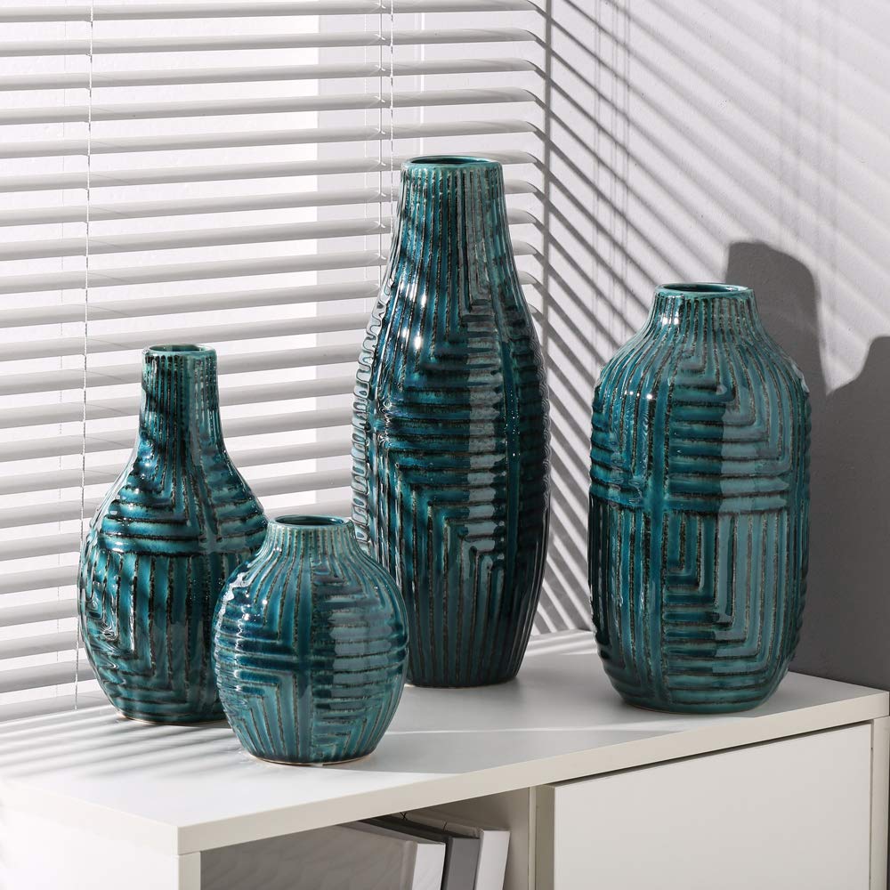 hjn Teal Hand-Glazed Ceramic Vase - 10.6" H Modern Decorative Centerpiece Vase for Fresh/Dried Flowers, Home Decor for Living Room Bookshelf Mantel | Wedding Housewarming Gift