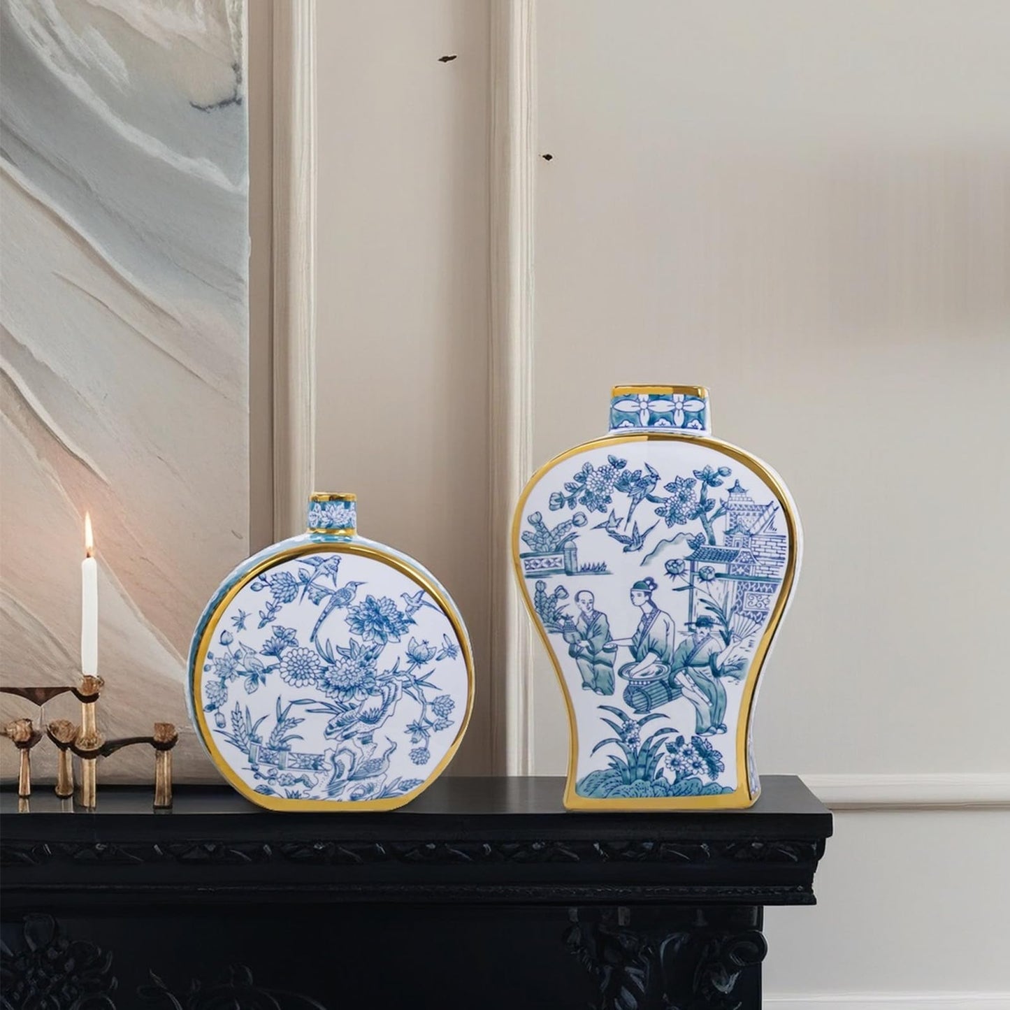 Blue and White Hand-Painted Ceramic Vase with Gold Rim - Antique Chinese Porcelain Bud Vase for Home Decor, Table Centerpieces for Living Room, Office, Entryway, Fireplace or Bookshelf
