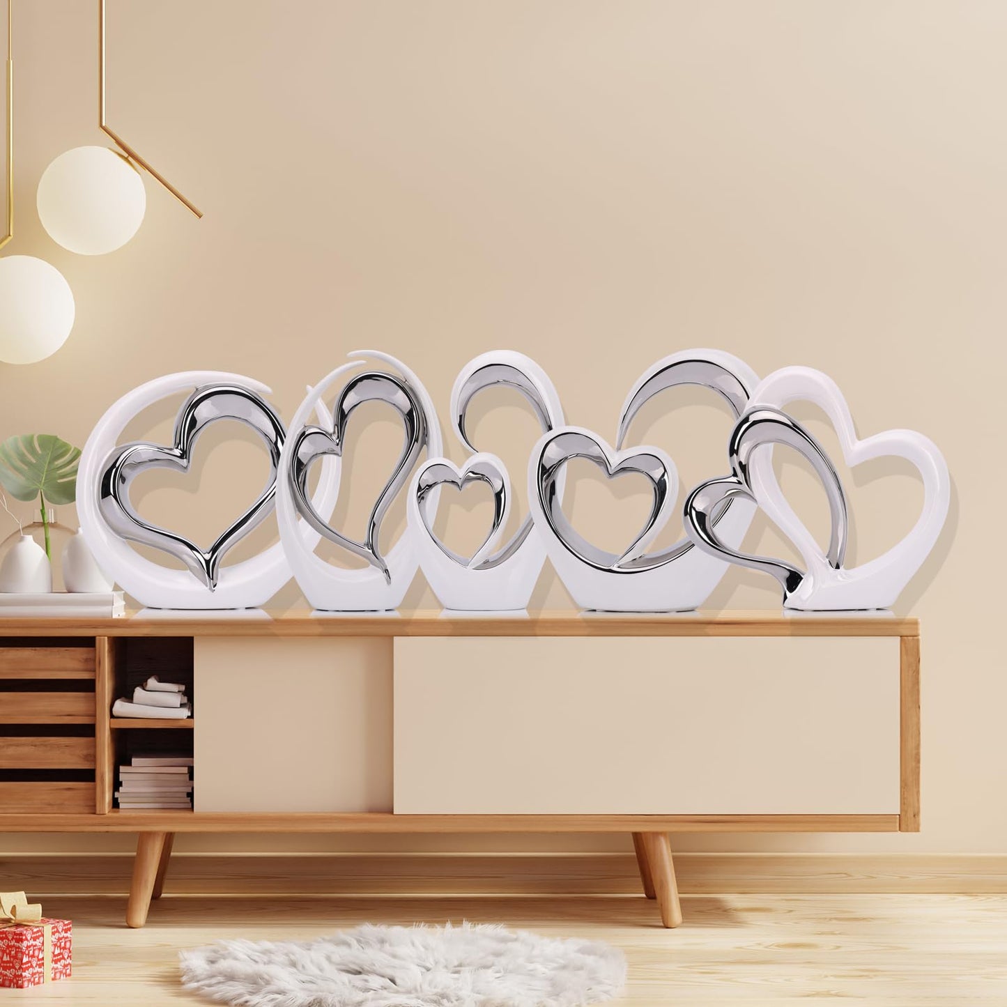 LCCCK Porcelain Double Heart Decor,White and Silver Sculpture Home Decor for Living Room Entryway Coffee Dining Table Shelves, Wedding Anniversary, Valentine's Gift for Couples & Lovers Modern