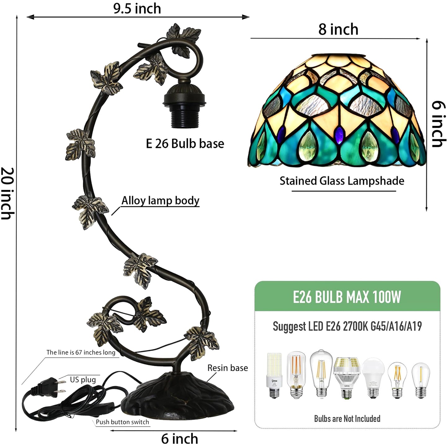 ZYLINX Small Tiffany Lamp Stained Glass Desk Light Blue Phoenix Tail Style