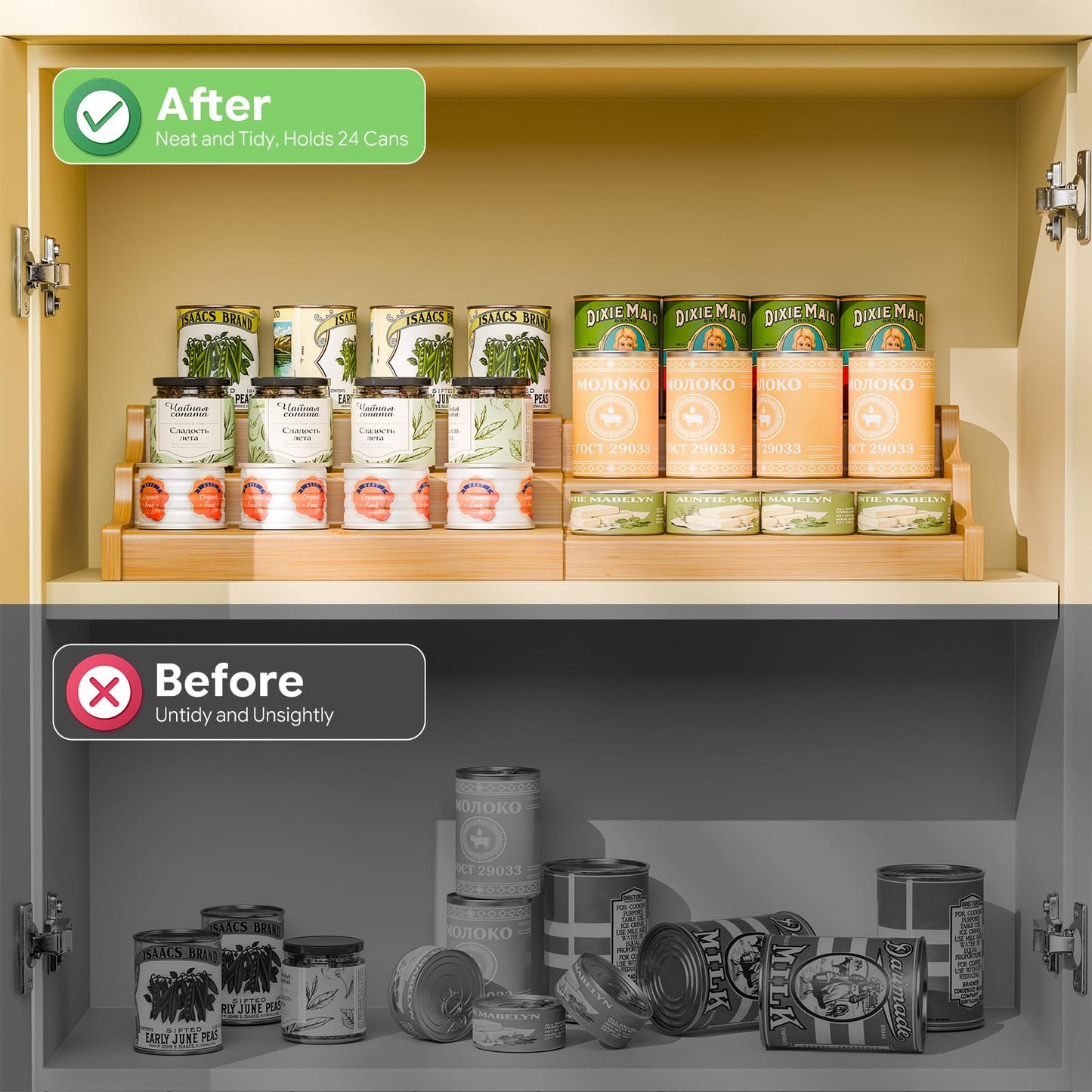 Simple Trending Expandable Bamboo Can Rack Organizer for Pantry, 3-Tier Adjustable Can Storage Holder Holds Up to 24 Cans, Canned Goods Storage Display for Cabinet, Countertop