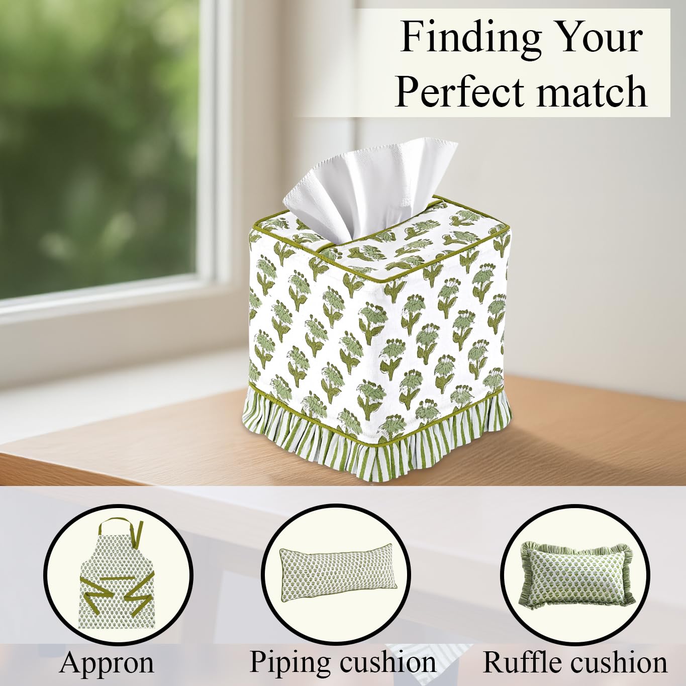 CPC Emerald Green Hand Block Print Cotton Ruffle Tissue Box Cover 4.5"x4.5"x5"Inch, Square Decorative Tissue Holder Cover for Bathroom, Living Room, Bedroom, Home Décor, Vanity, Car Gift for Summer