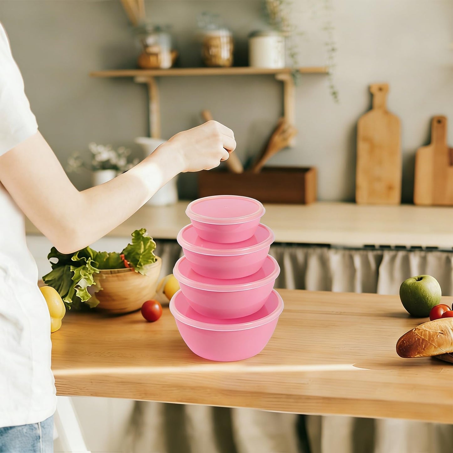 SCWBOEII 4-Piece Classic Plastic Prep Bowls with Lids, Nesting Plastic Small Mixing Bowl Set for Mixing, Baking, Prepping, Cooking and Serving Food, Microwave and Dishwasher Safe (Pink)