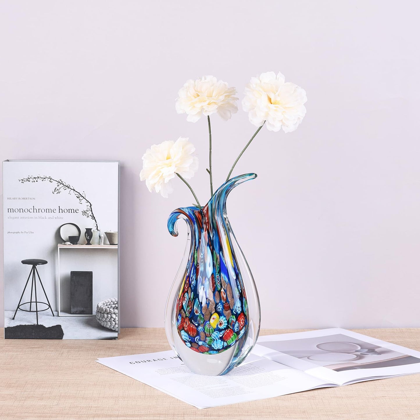 GrivSheen Hand Blown Glass Vase for Centerpiece, Murano Style Table Decoration, Blue Blown Art Glass Ellipse Flower Vase, Single Stem Beautiful Decor for Home, Beachy Room Decor for Home Shelf