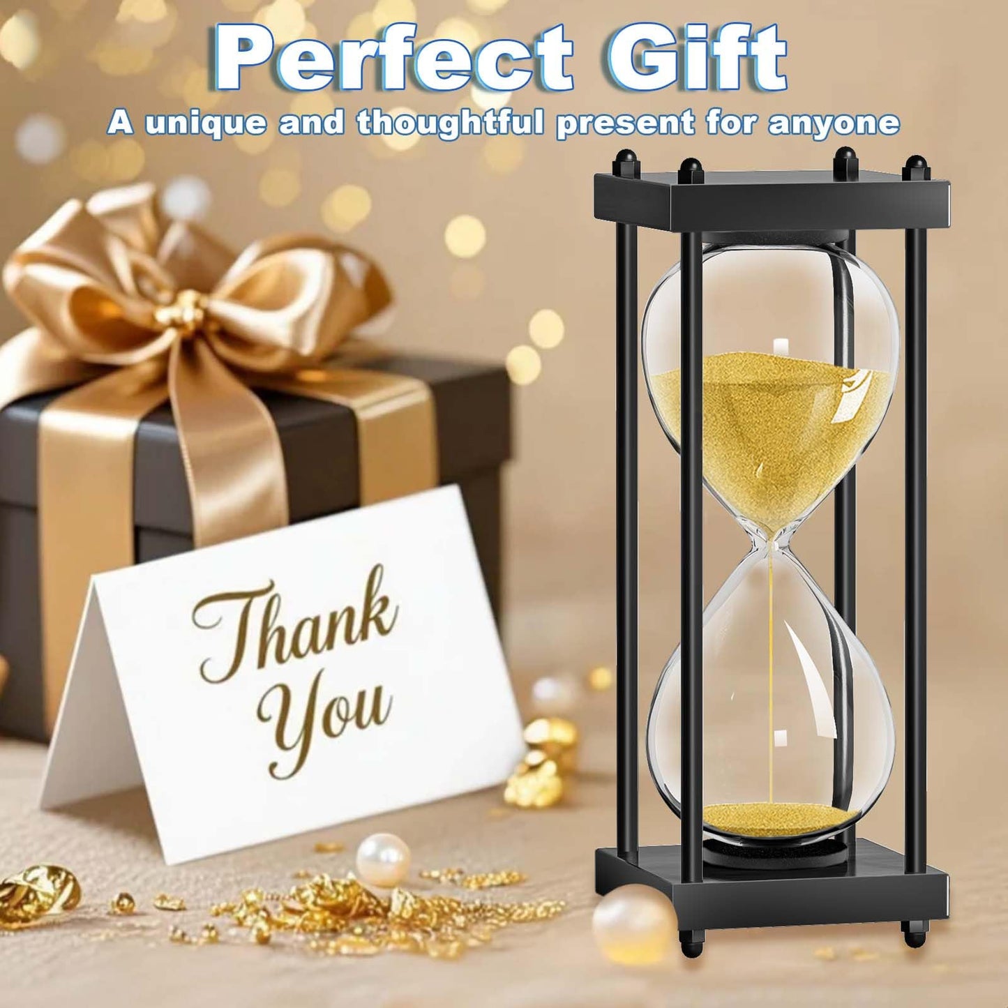 60 Minutes Hourglasses Timer: Large Black Wooden Gold Sand Timer Clock, Reloj De Arena 1 Hora, Sand Watch 60 Min, 1 Hour Sandglass for Home Office Desk Decorative (Gold Sand)