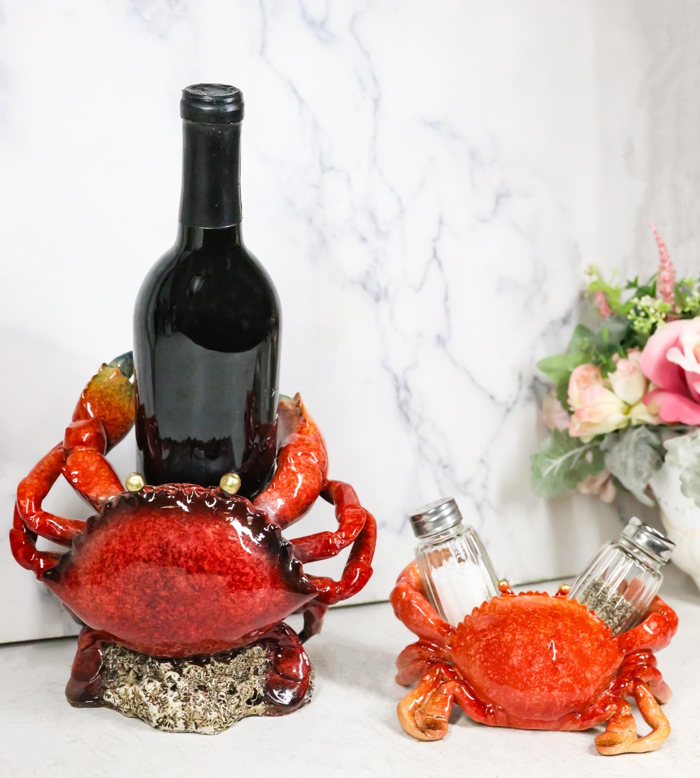 Ebros Gift Set of 2 Nautical Coastal Giant Stone Crab with Black Pincer End Tips Wine Bottle and Salt Pepper Shakers Holder Figurines Beach Sea Marine Accent